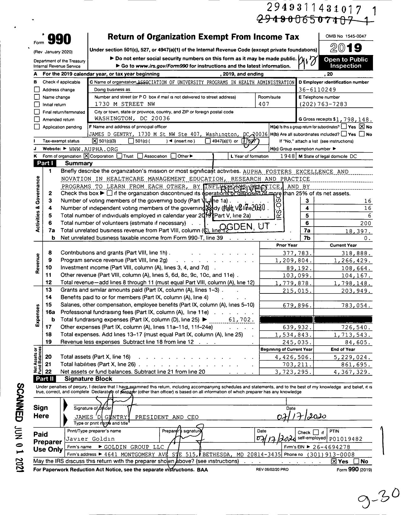 Image of first page of 2019 Form 990 for ASSOCIATION OF UnIVERSITY PROGRAMS IN HEALTH ADMINISTRATION