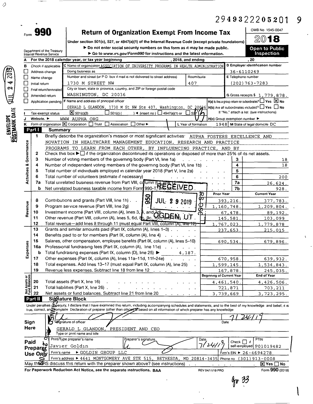 Image of first page of 2018 Form 990 for ASSOCIATION OF UnIVERSITY PROGRAMS IN HEALTH ADMINISTRATION