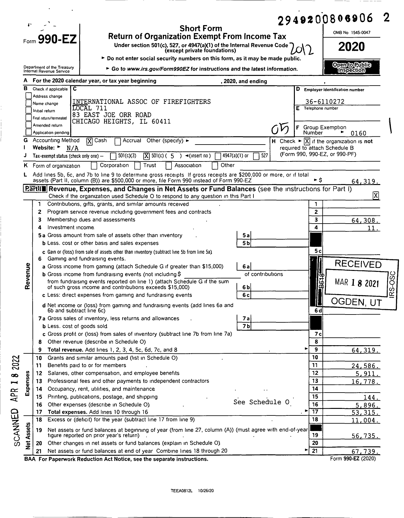 Image of first page of 2020 Form 990EO for International Association of Fire Fighters - L0711 Chicago Heigths