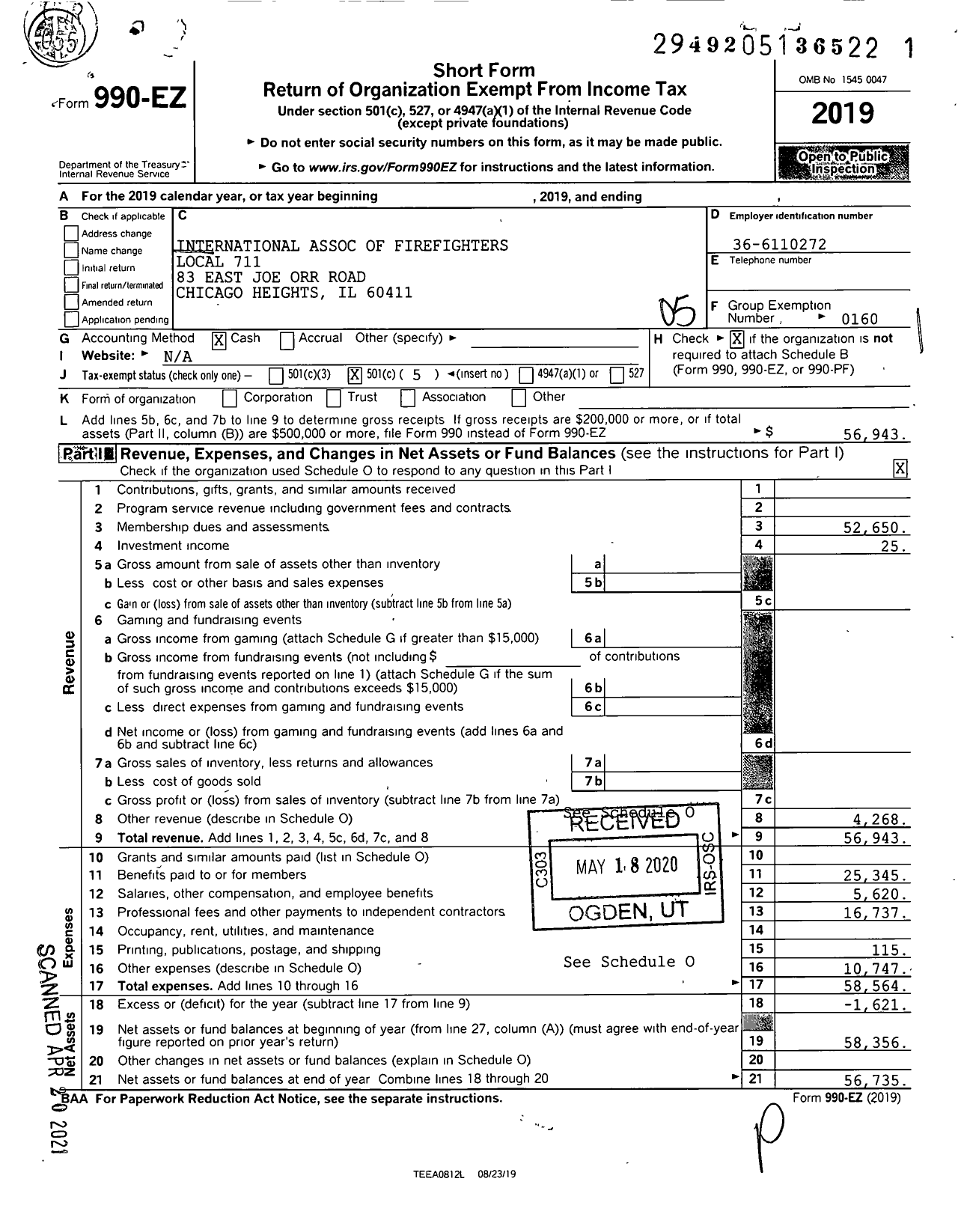 Image of first page of 2019 Form 990EO for International Association of Fire Fighters - L0711 Chicago Heigths