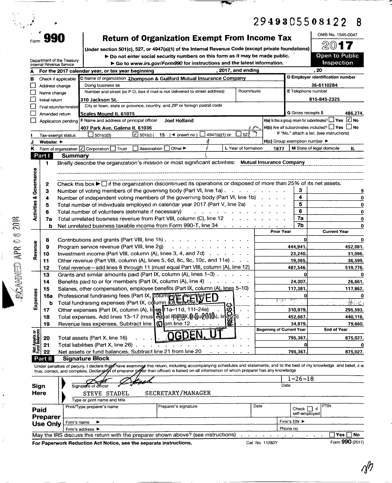 Image of first page of 2017 Form 990O for Thompson & Guilford Mutual Insurance Company