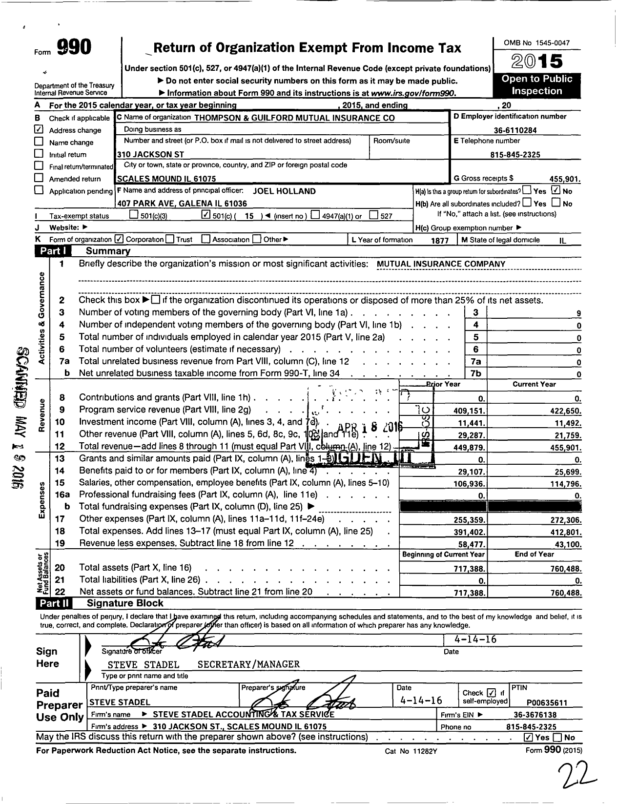 Image of first page of 2015 Form 990O for Thompson & Guilford Mutual Insurance Company