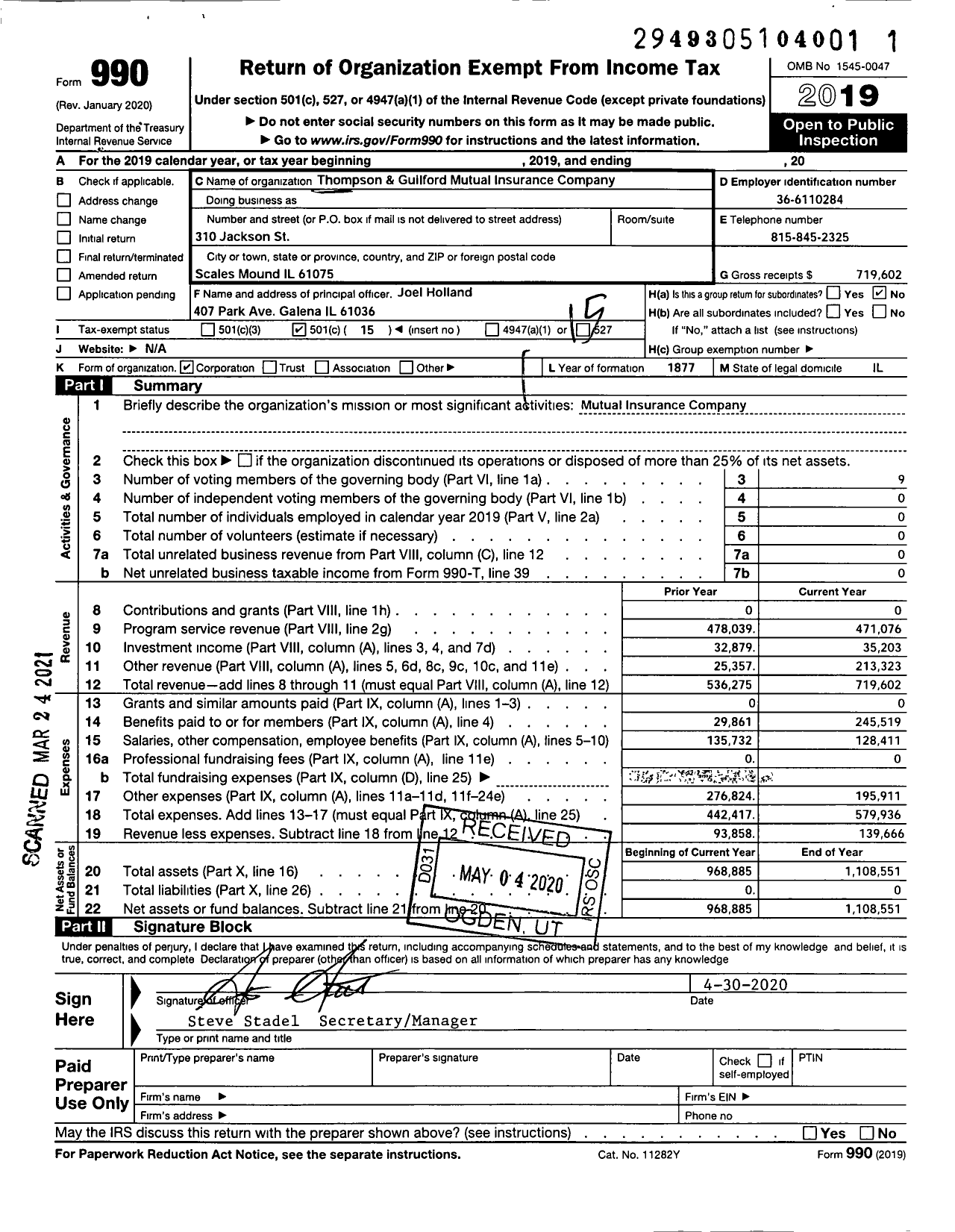 Image of first page of 2019 Form 990O for Thompson & Guilford Mutual Insurance Company