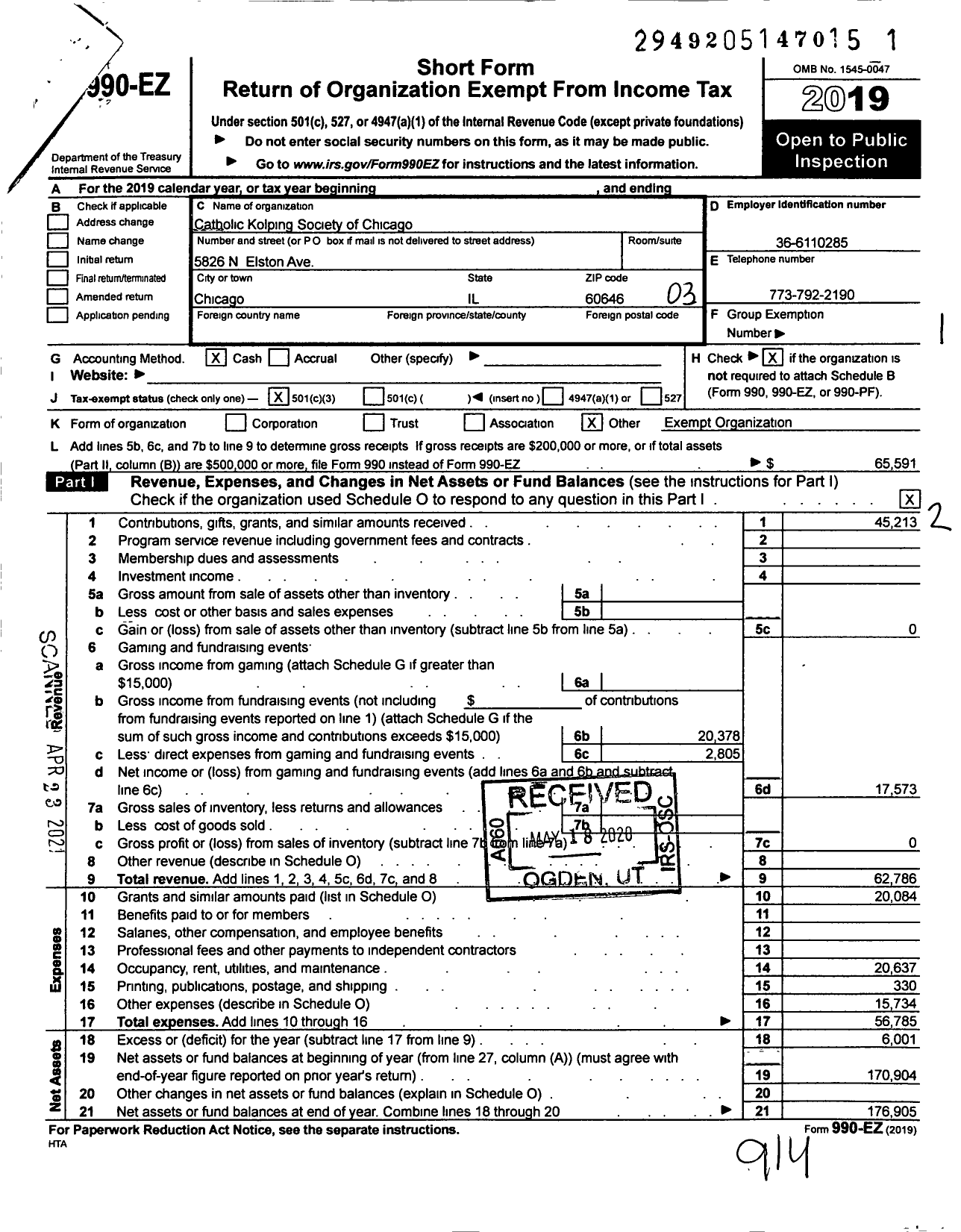 Image of first page of 2019 Form 990EZ for Catholic Kolping Society of Chicago