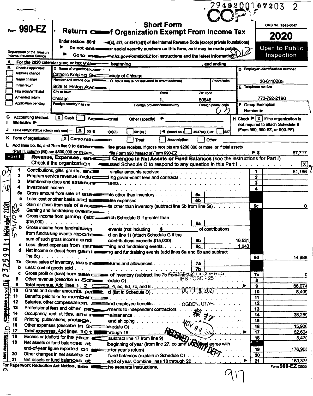 Image of first page of 2020 Form 990EZ for Catholic Kolping Society of Chicago