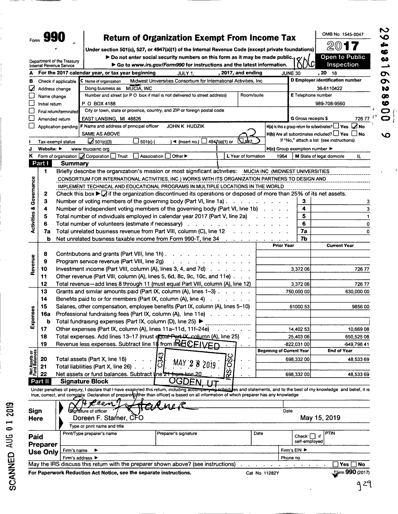 Image of first page of 2017 Form 990 for Midwest Universities Consortium for International Activities