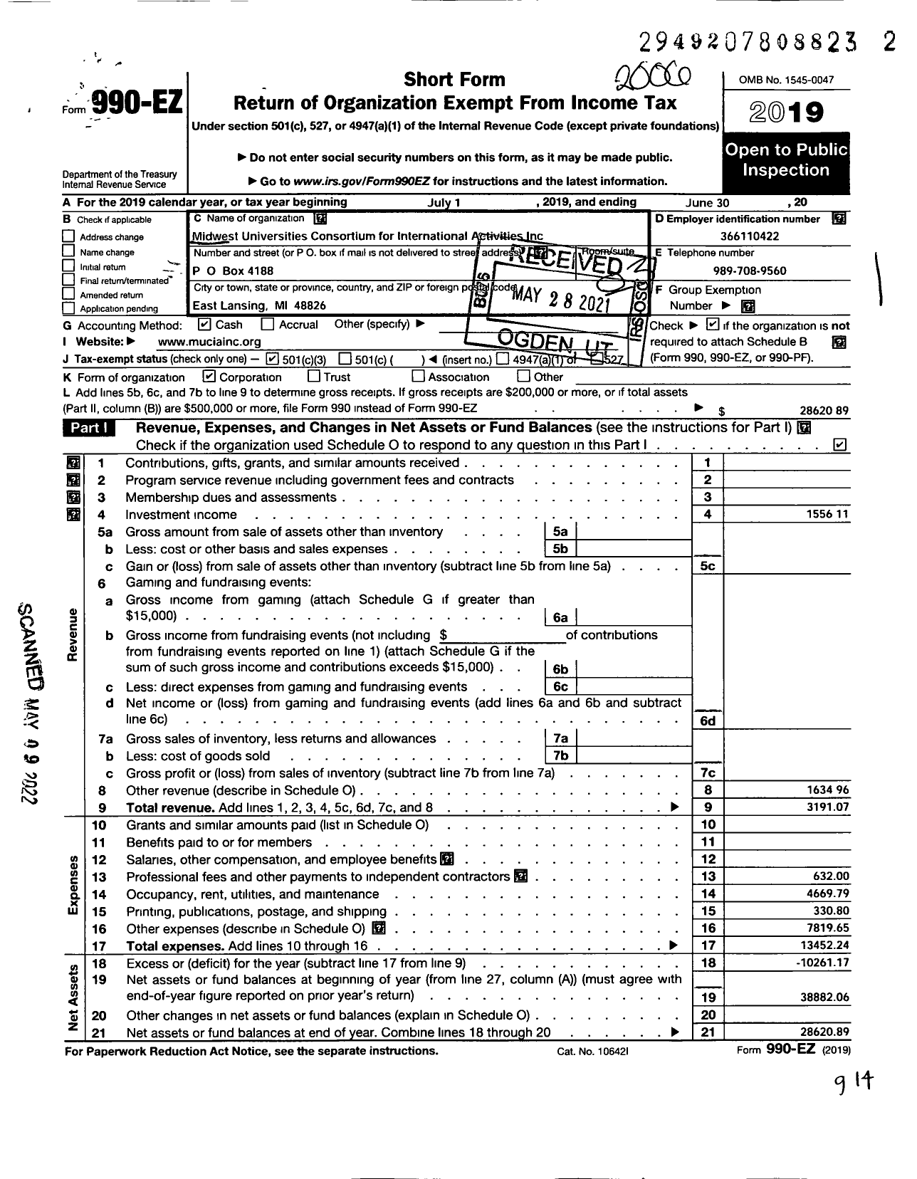 Image of first page of 2019 Form 990EZ for Midwest Universities Consortium for International Activities