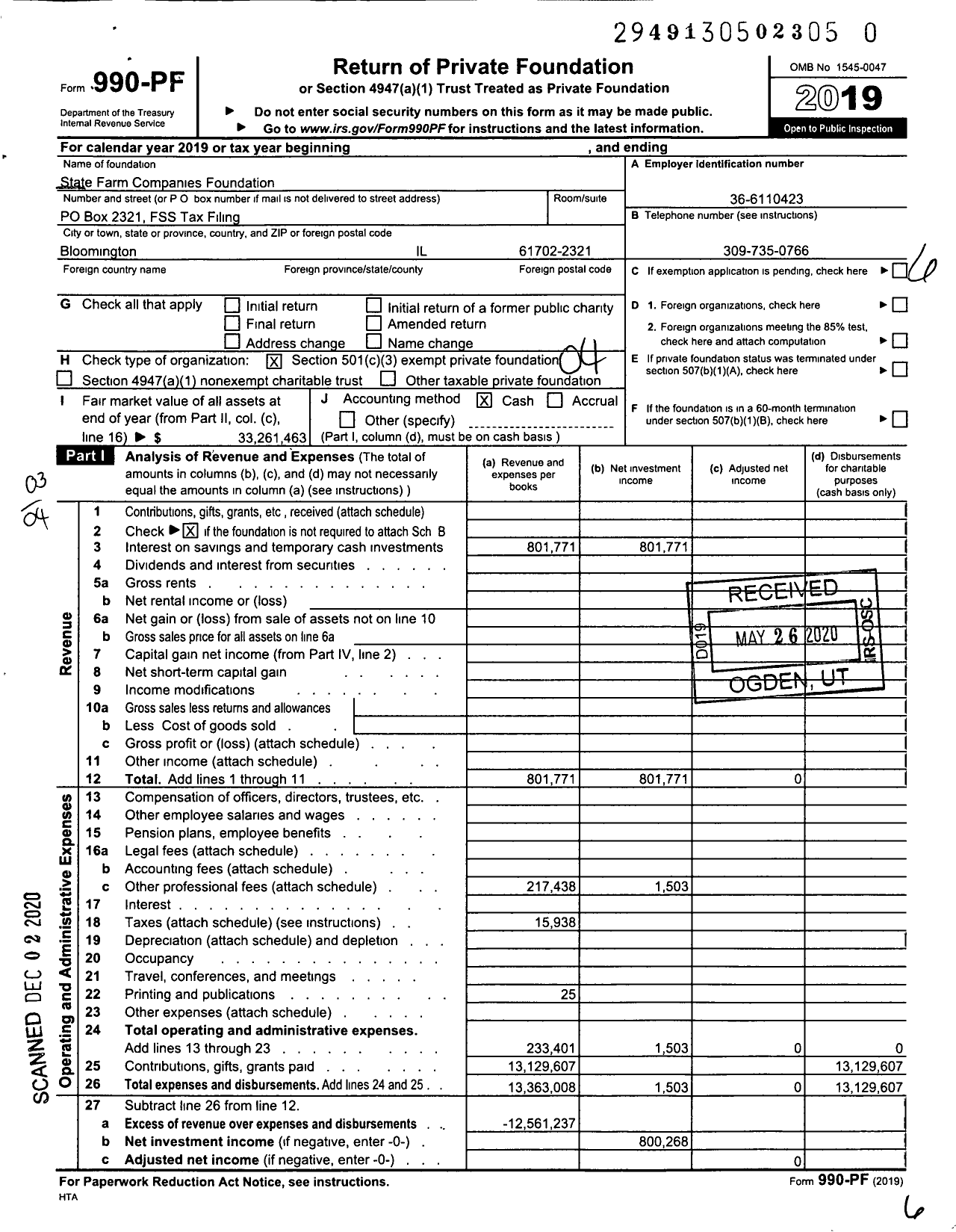 Image of first page of 2019 Form 990PF for State Farm Companies Foundation