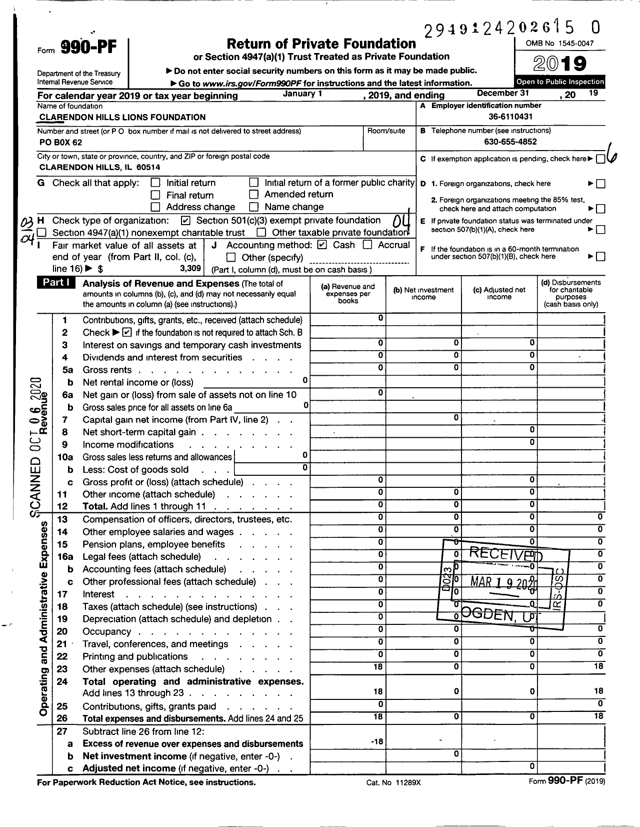 Image of first page of 2019 Form 990PR for Clarendon Hills Lions Foundation