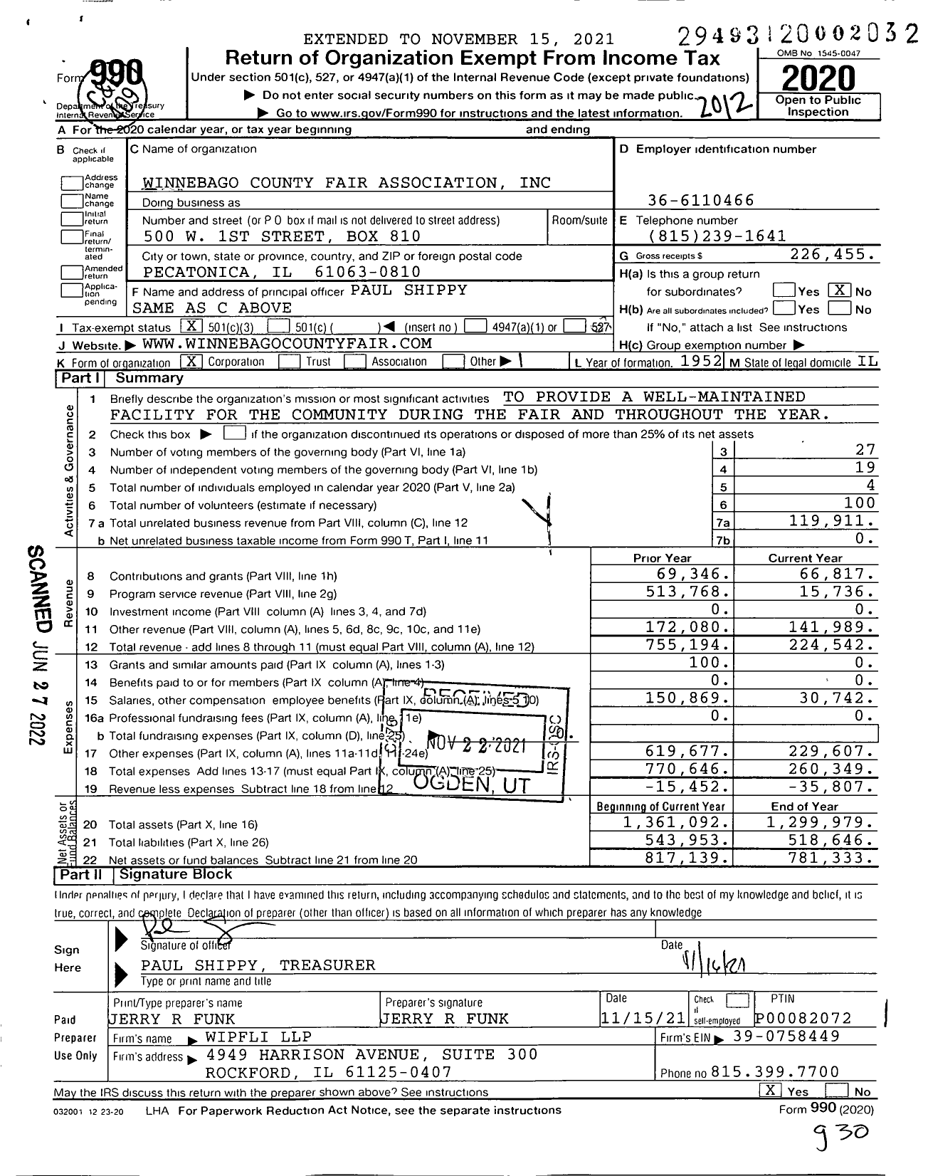 Image of first page of 2020 Form 990 for Winnebago County Fair Association