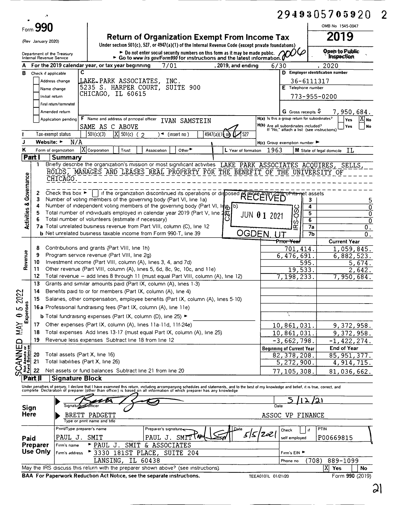 Image of first page of 2019 Form 990O for Lake Park Associates