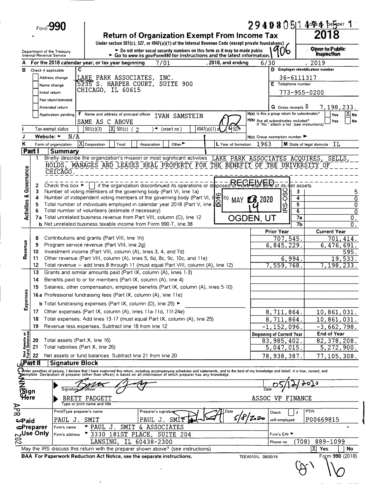 Image of first page of 2018 Form 990O for Lake Park Associates