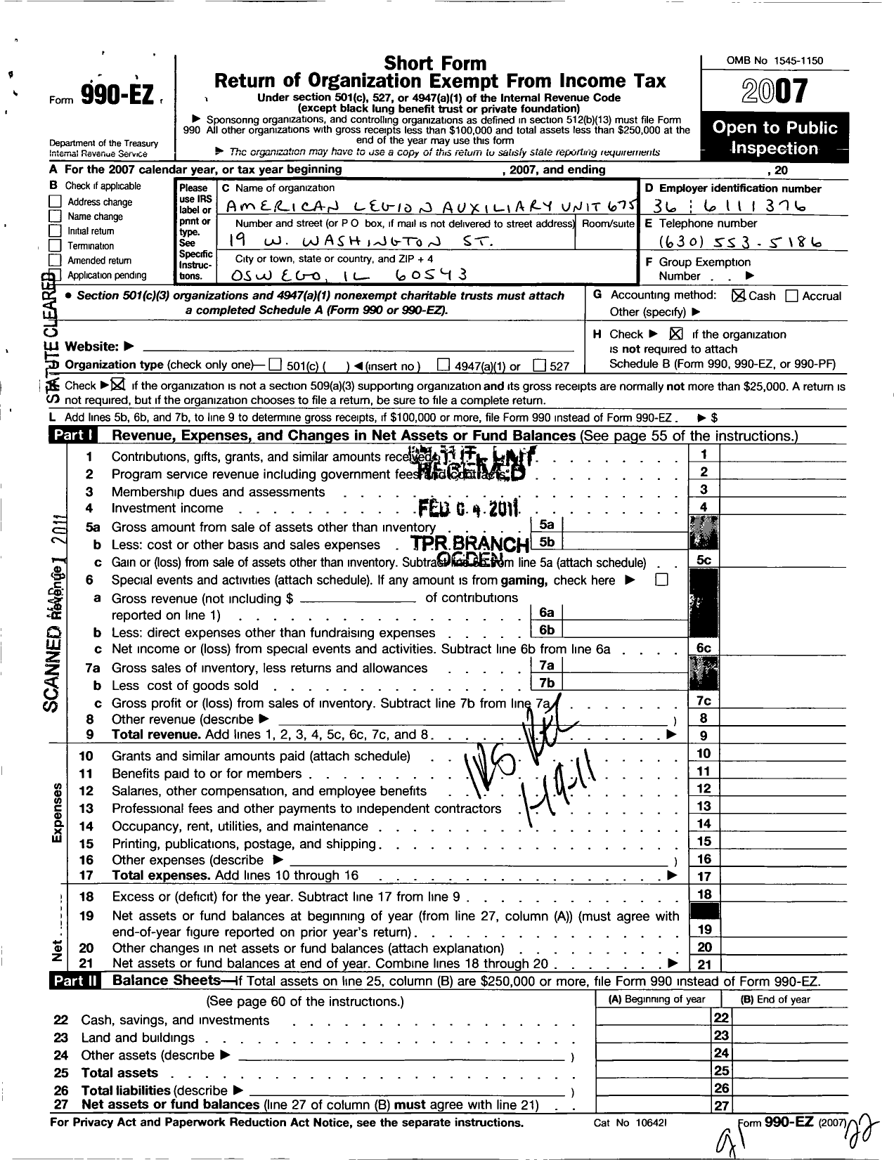 Image of first page of 2007 Form 990EO for American Legion Auxiliary - 675 Oswego