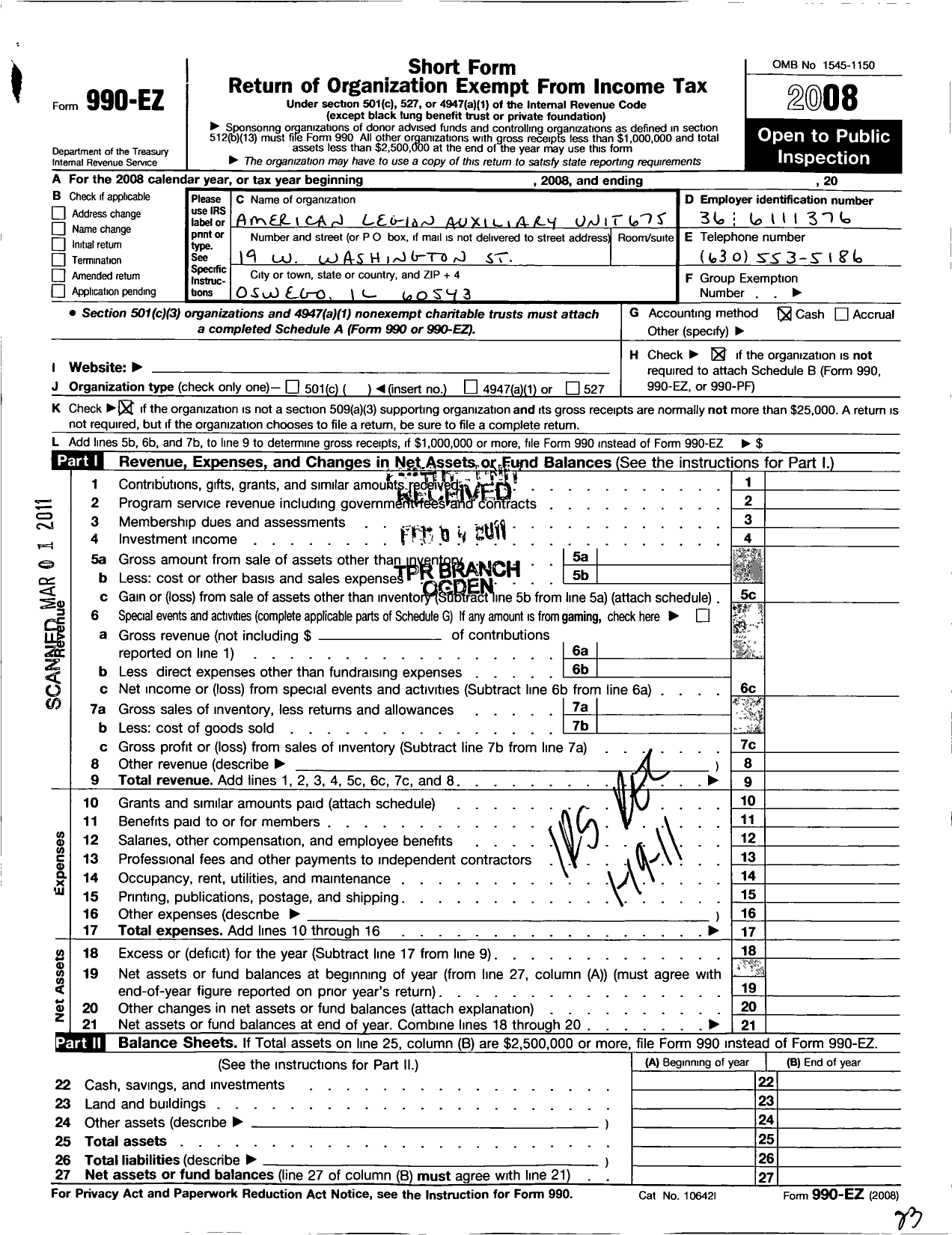 Image of first page of 2008 Form 990EO for American Legion Auxiliary - 675 Oswego