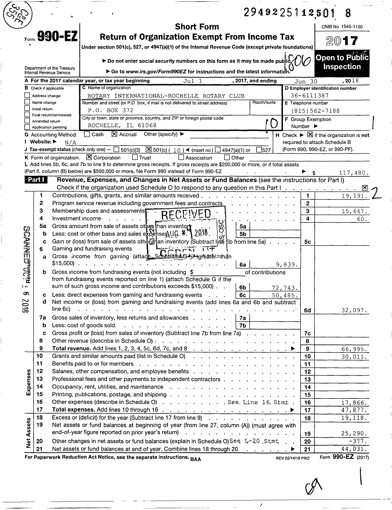 Image of first page of 2017 Form 990EO for Rotary International - Rochelle Rotary Club