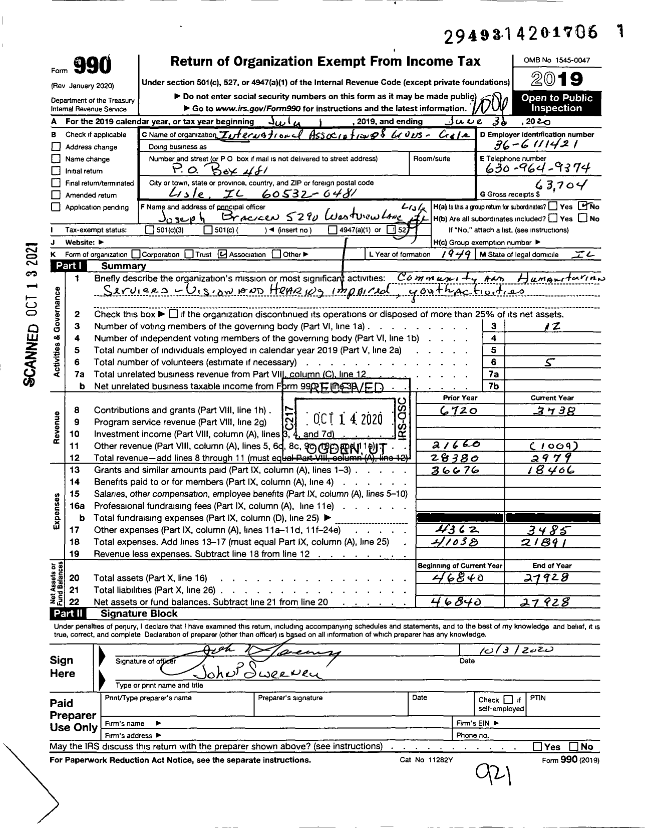 Image of first page of 2019 Form 990O for Lions Clubs - 545 Lisle