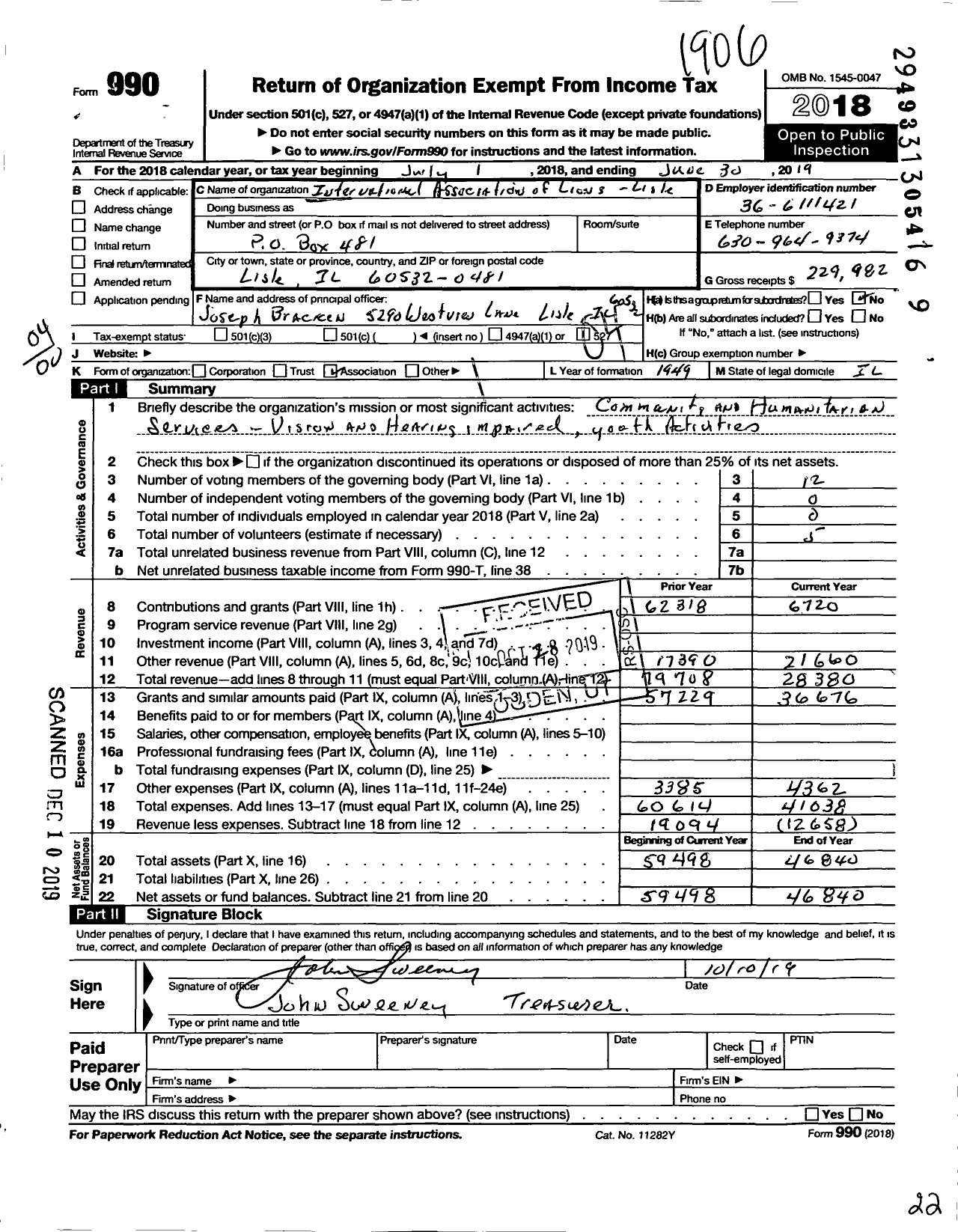 Image of first page of 2018 Form 990O for Lions Clubs - 545 Lisle