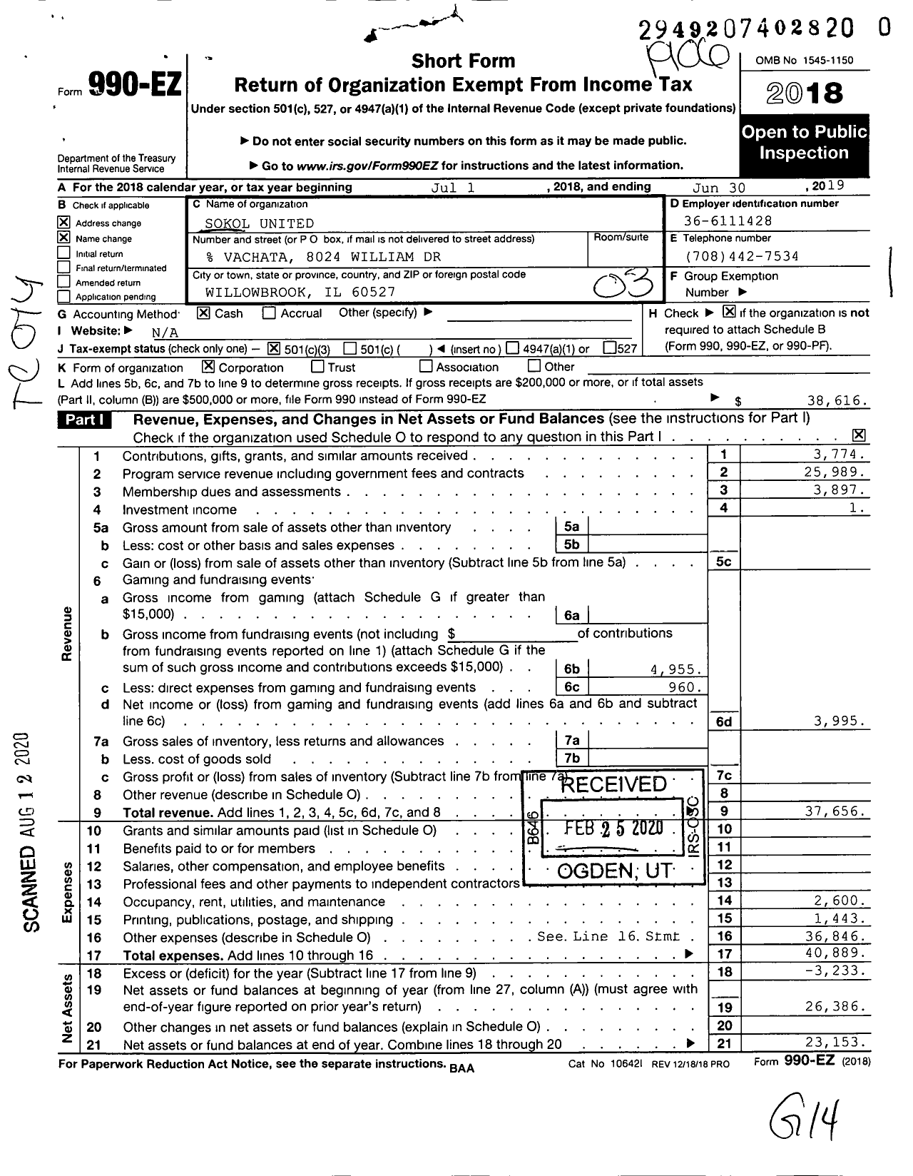 Image of first page of 2018 Form 990EZ for Sokol United