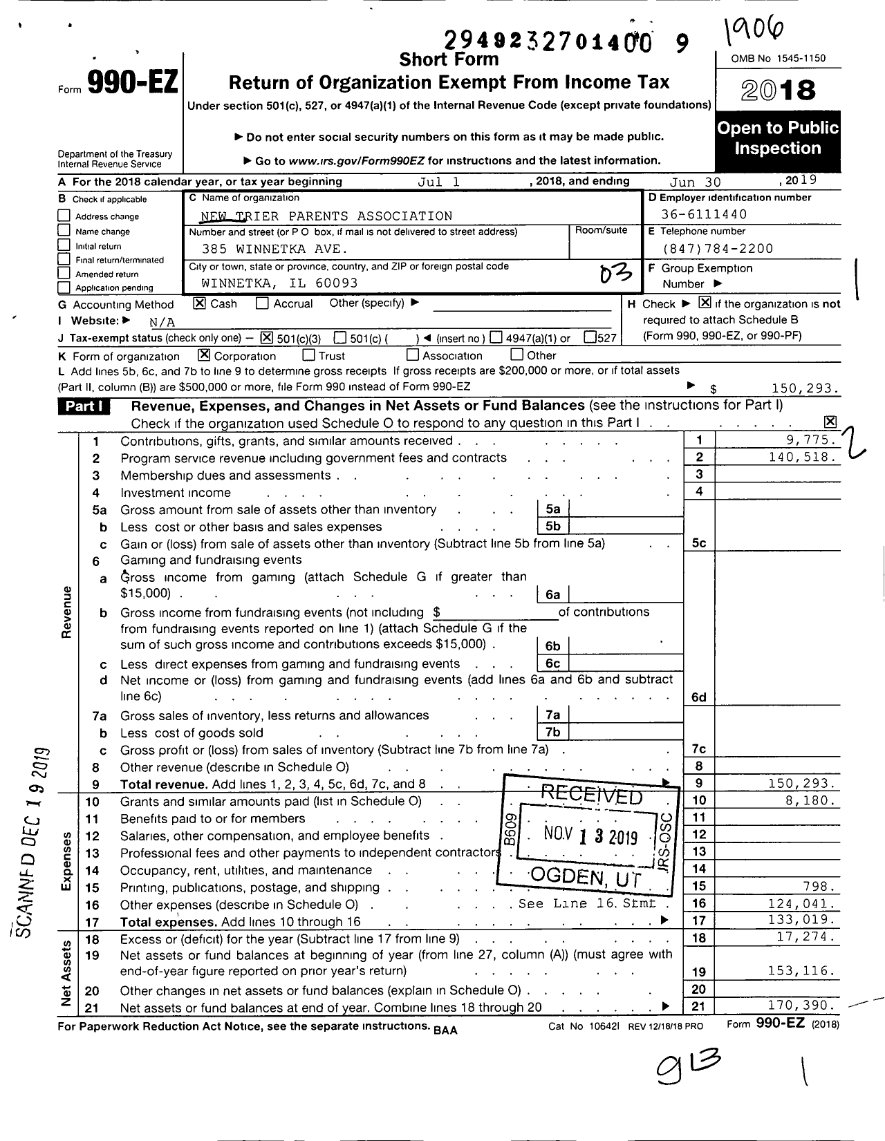 Image of first page of 2018 Form 990EZ for New Trier Parents Association