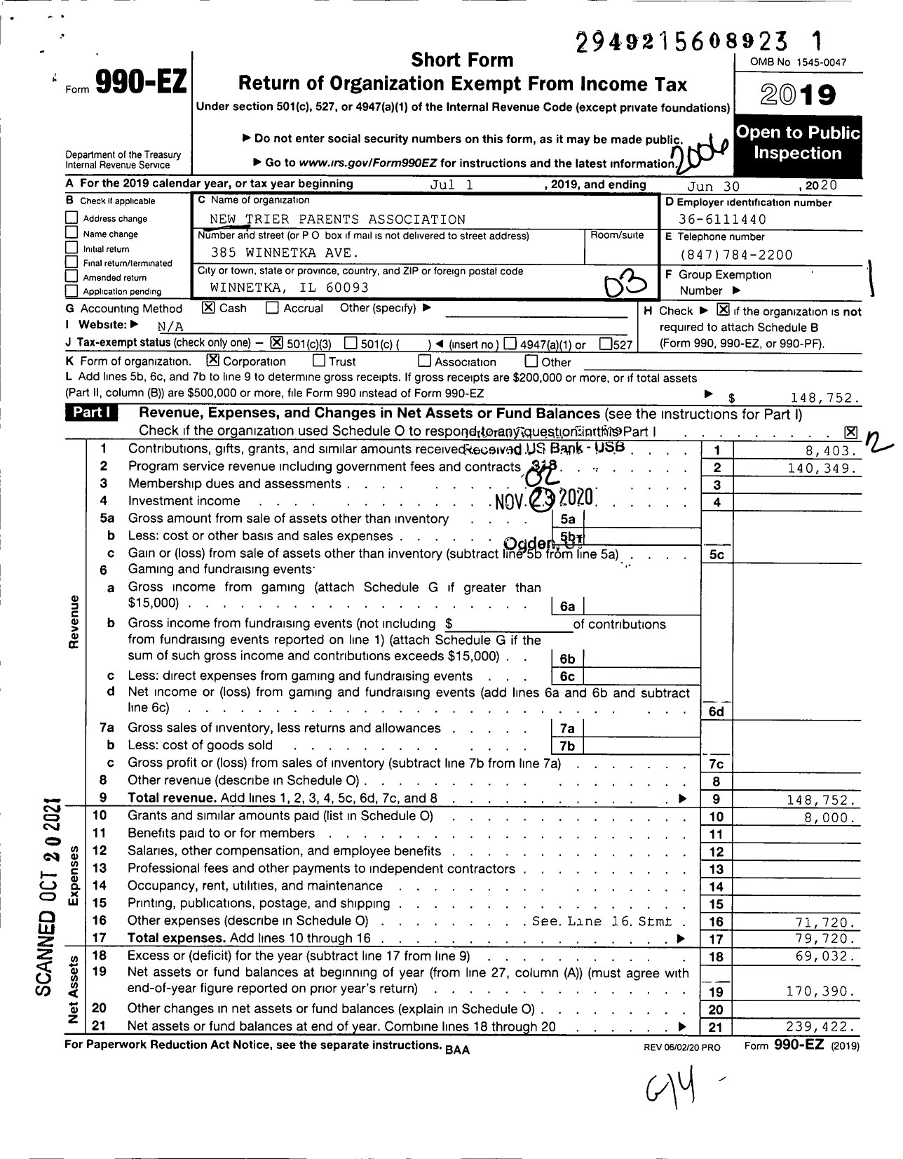 Image of first page of 2019 Form 990EZ for New Trier Parents Association