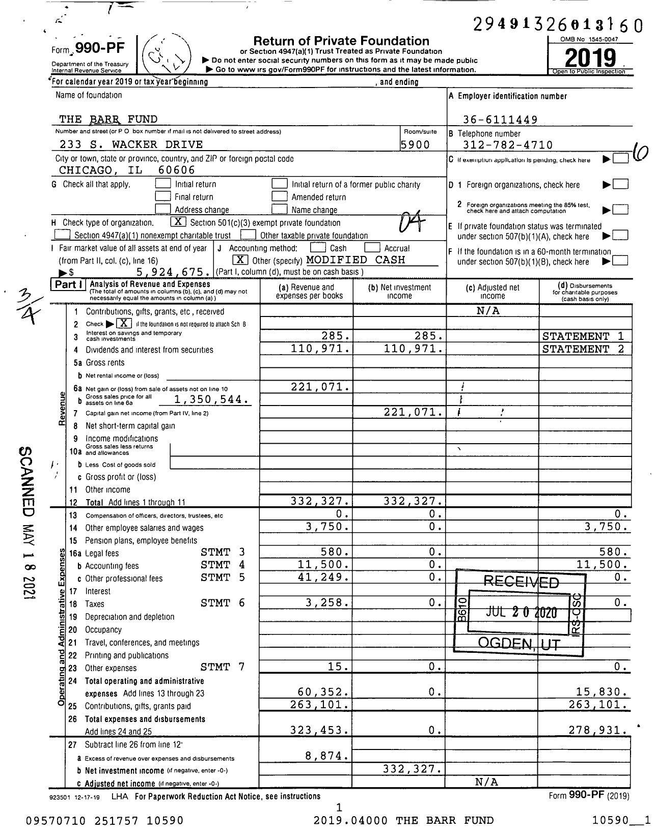 Image of first page of 2019 Form 990PF for The Barr Fund