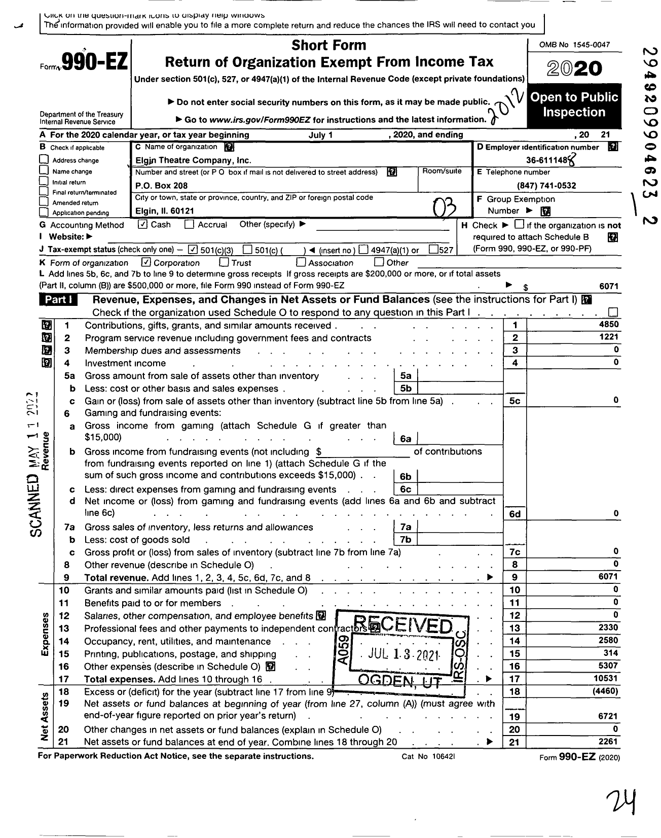 Image of first page of 2020 Form 990EZ for Elgin Theatre Company