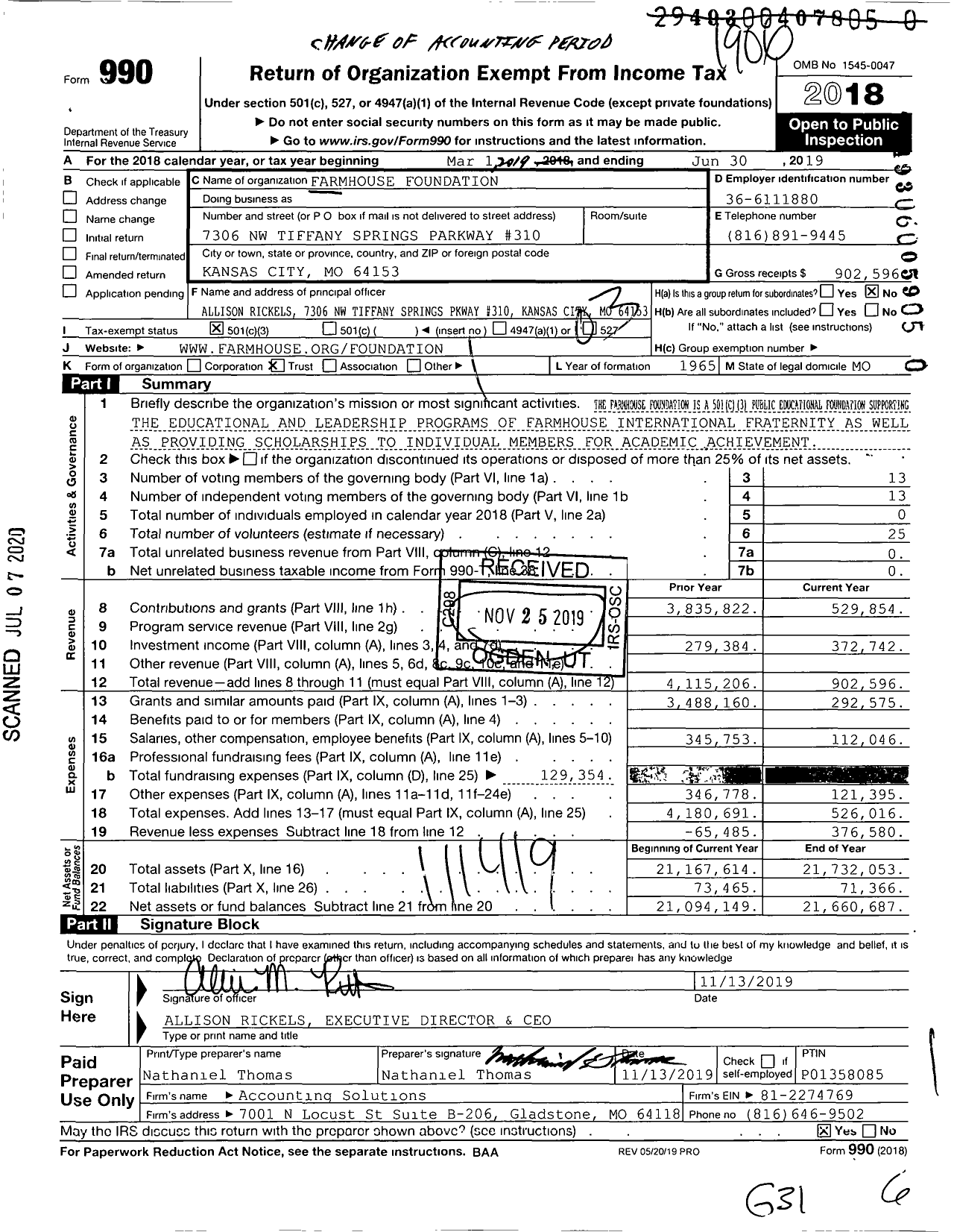 Image of first page of 2018 Form 990 for Farmhouse Foundation