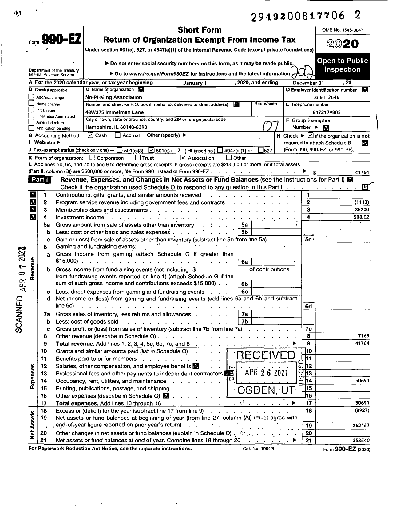 Image of first page of 2020 Form 990EO for No-Pi-Ming Association