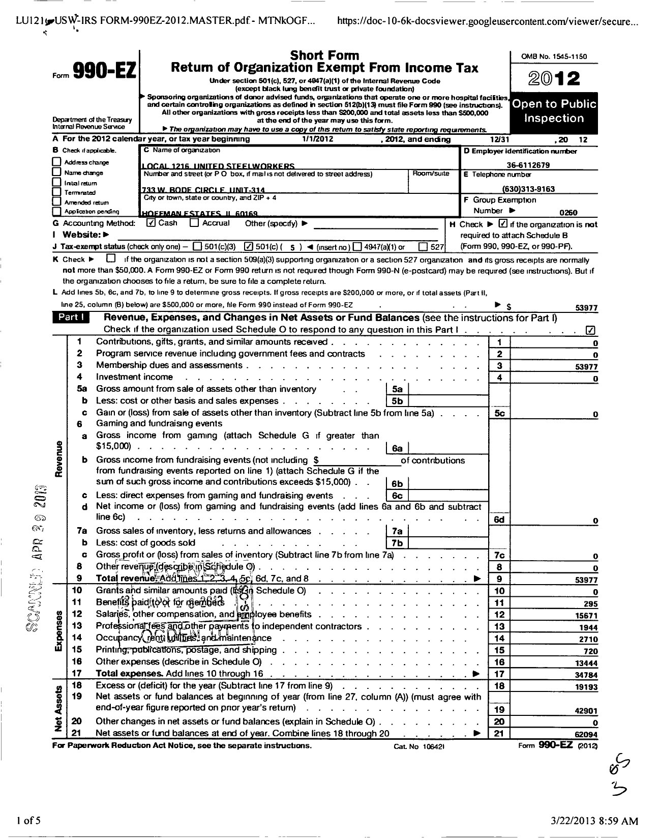 Image of first page of 2012 Form 990EO for United Steelworkers - 01216 Local