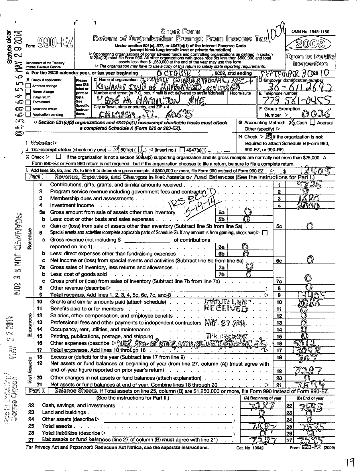 Image of first page of 2009 Form 990EO for Kiwanis International and Kiwanis Club of Ravenswood Chicago