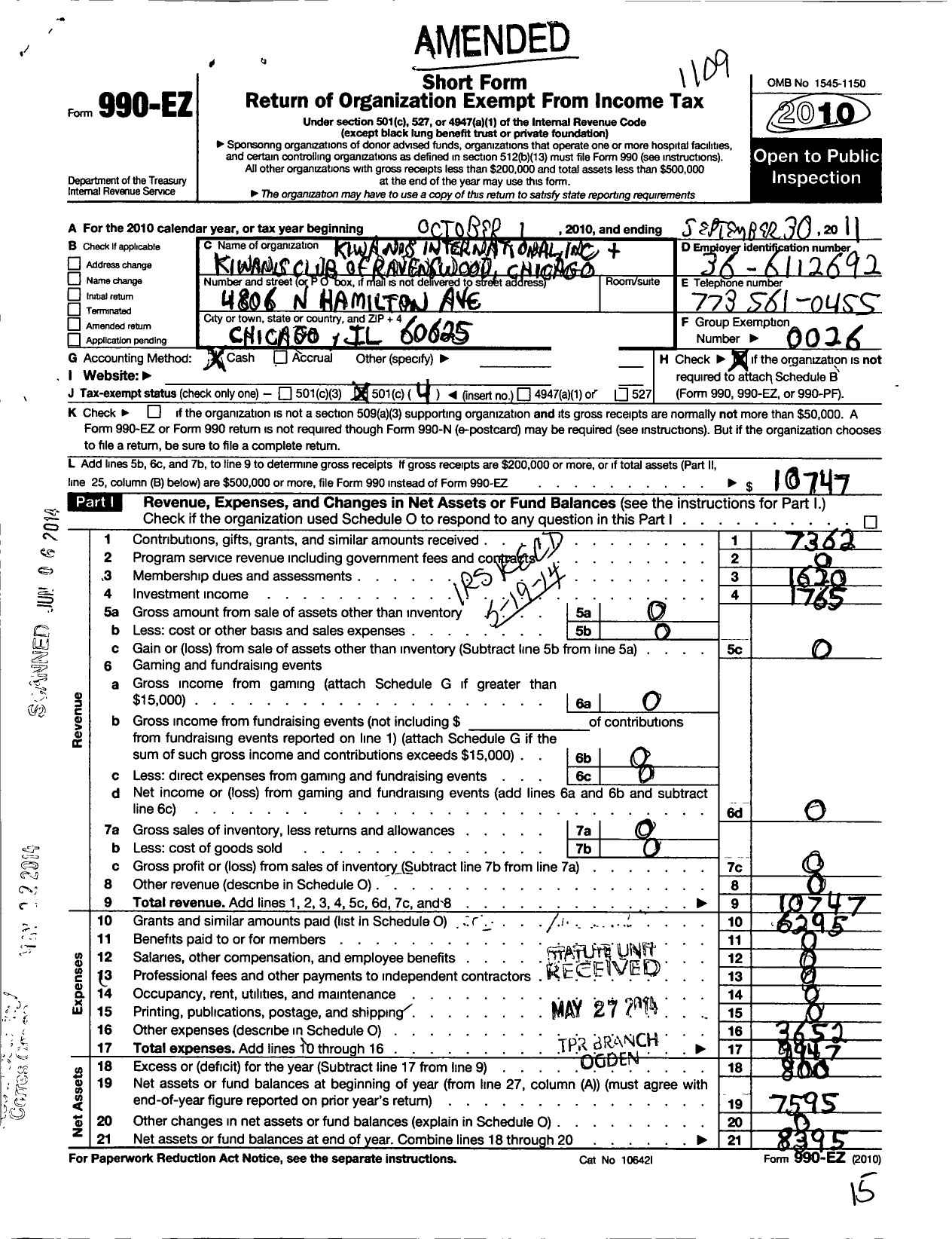 Image of first page of 2010 Form 990EO for Kiwanis International and Kiwanis Club of Ravenswood Chicago