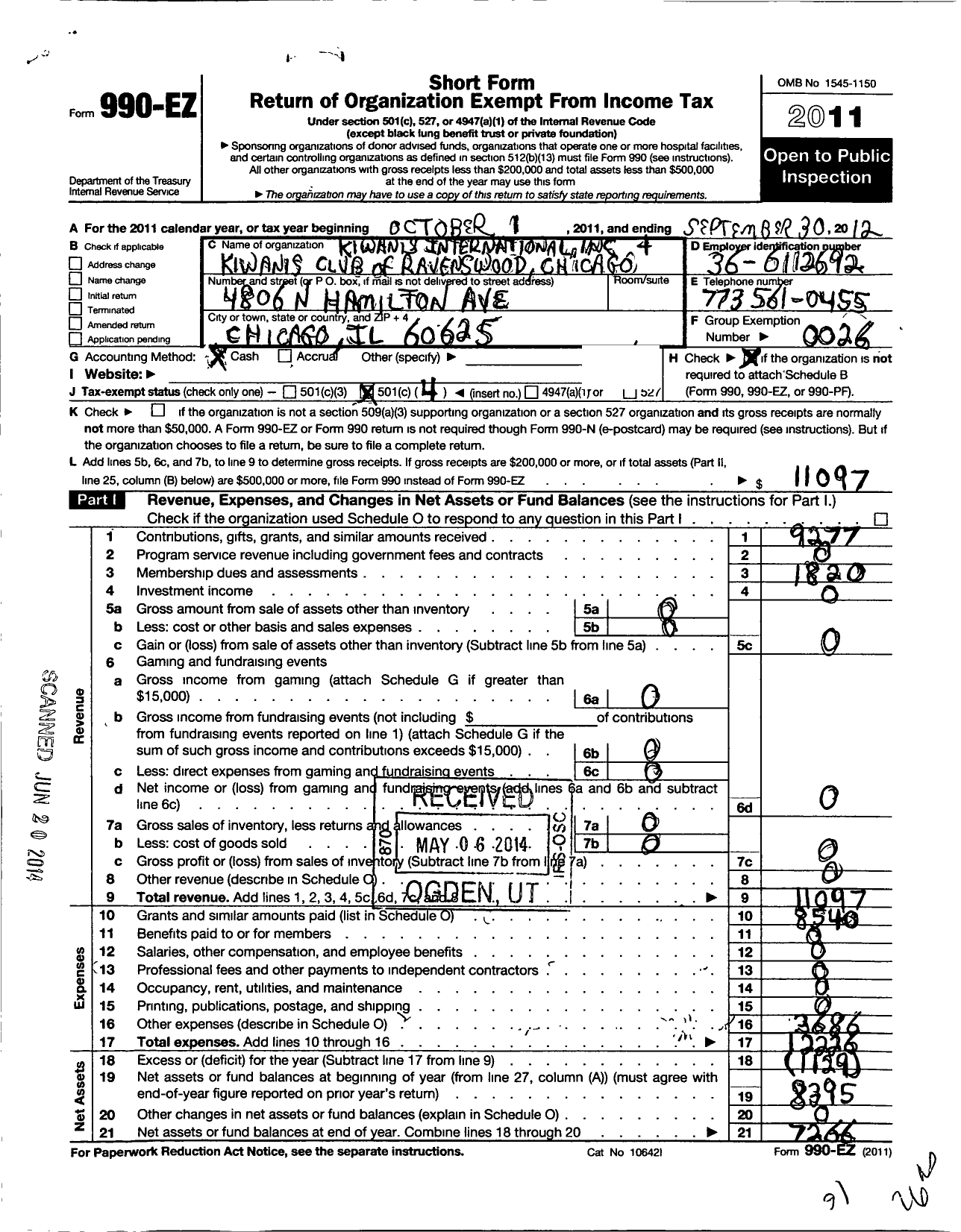 Image of first page of 2011 Form 990EO for Kiwanis International and Kiwanis Club of Ravenswood Chicago