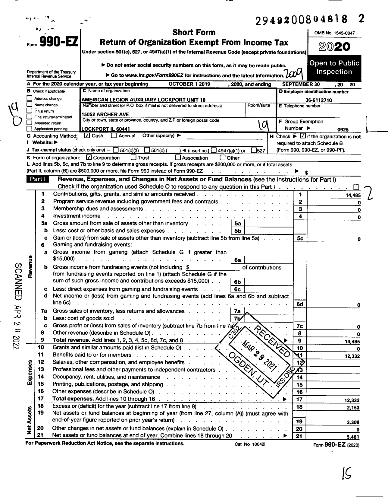 Image of first page of 2019 Form 990EO for American Legion Auxiliary - 18 John Olson