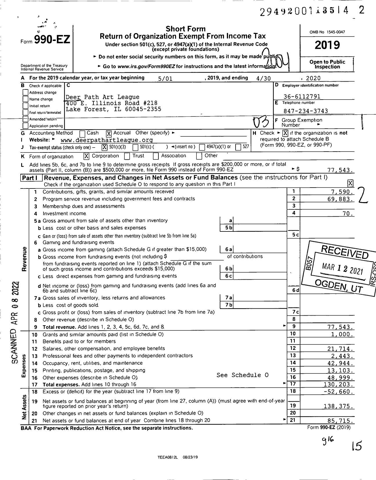 Image of first page of 2019 Form 990EZ for Deer Path Art League