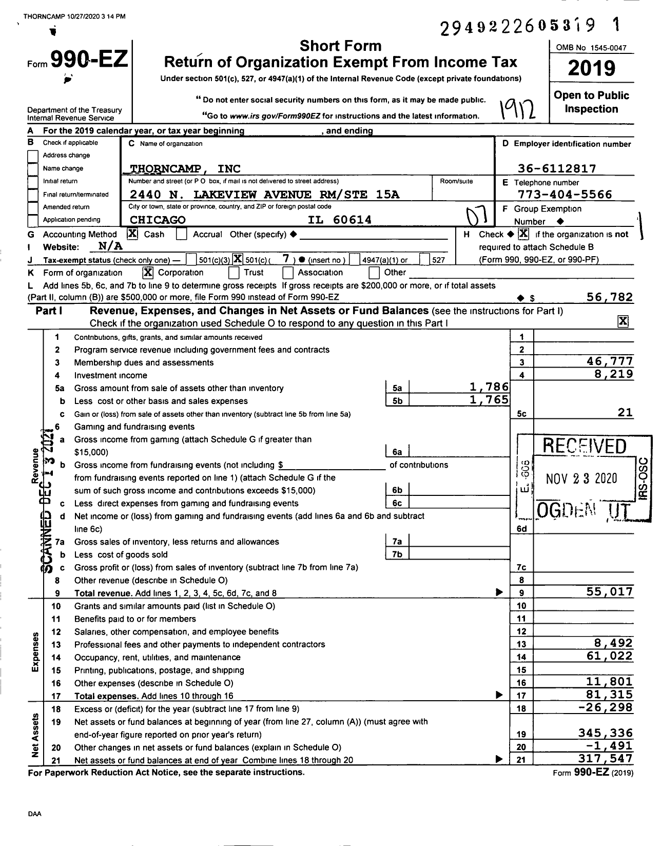 Image of first page of 2019 Form 990EO for Thorncamp