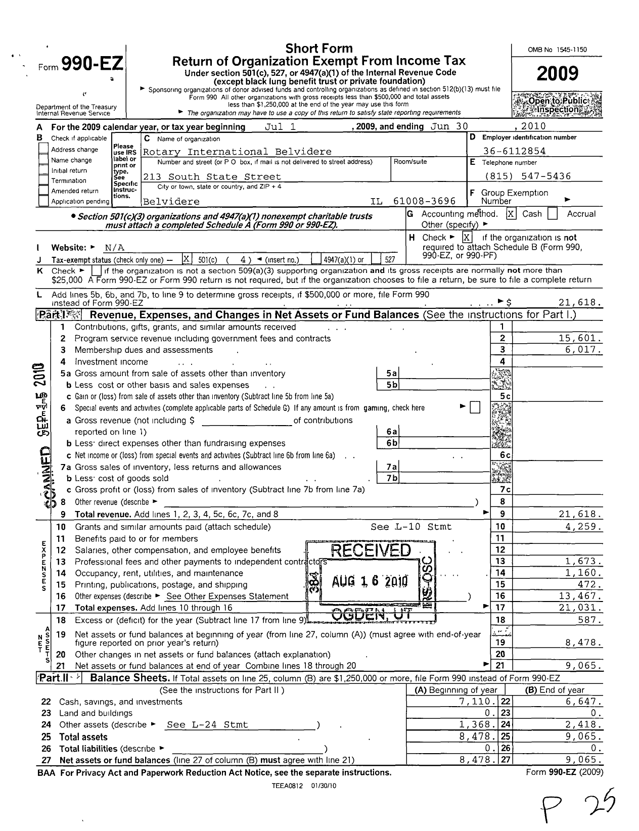 Image of first page of 2009 Form 990EO for Rotary International - Belvidere Rotary Club