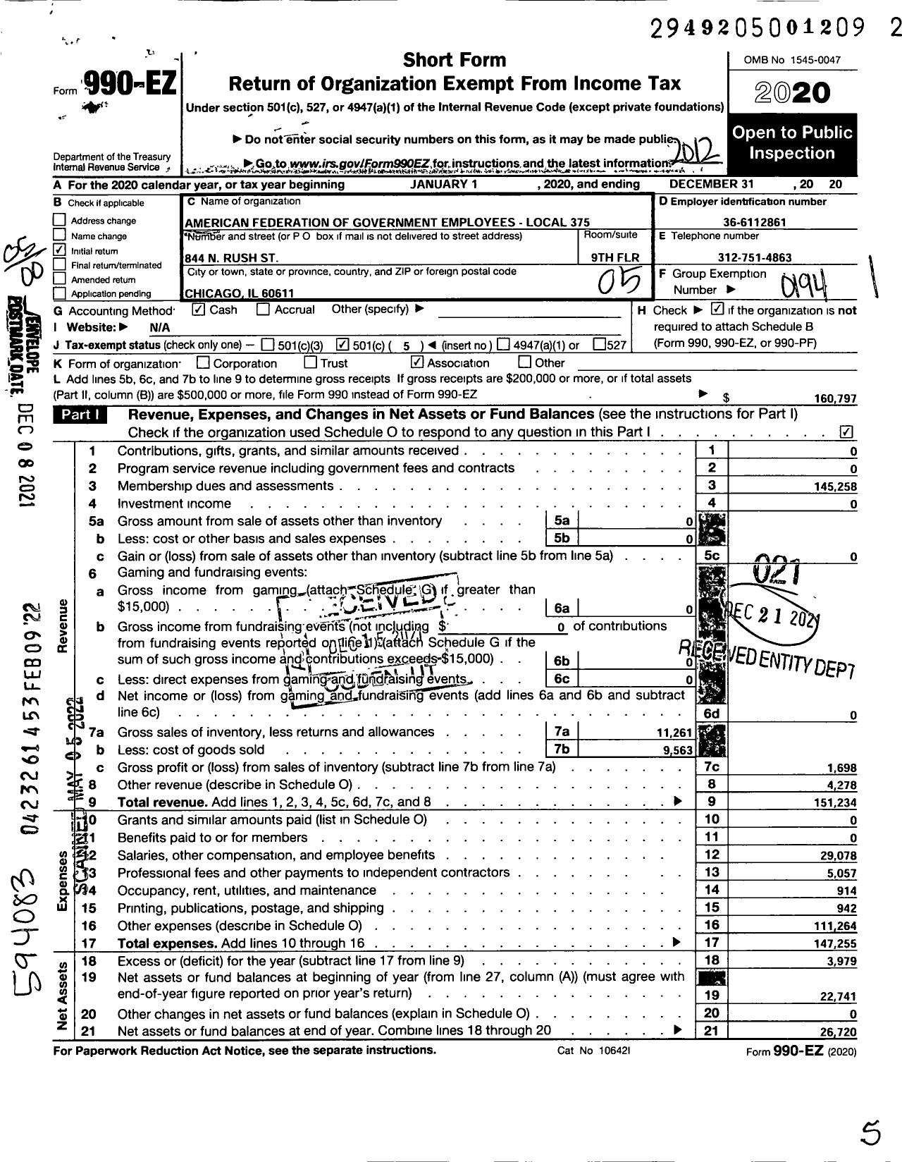 Image of first page of 2020 Form 990EO for American Federation of Government Employees - 375 Local Afge