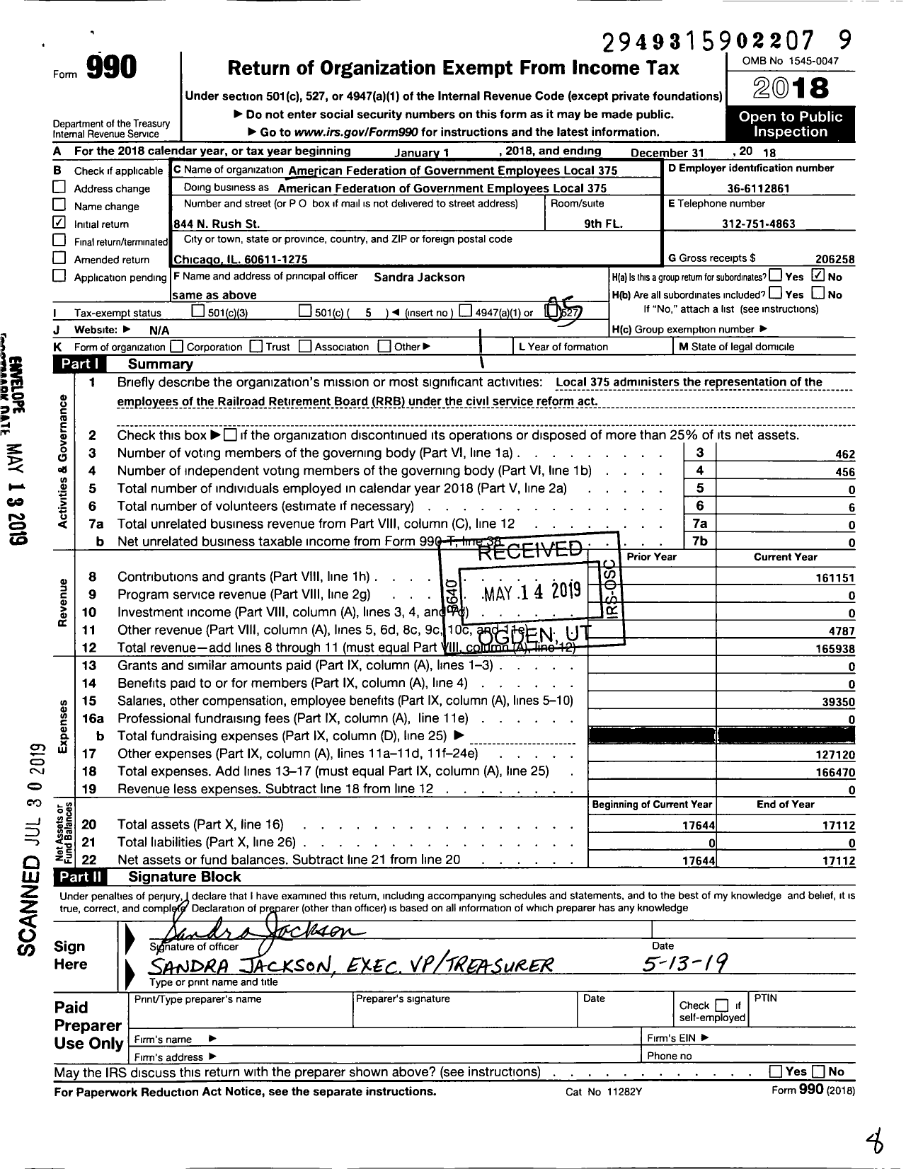 Image of first page of 2018 Form 990O for American Federation of Government Employees - 375 Local Afge