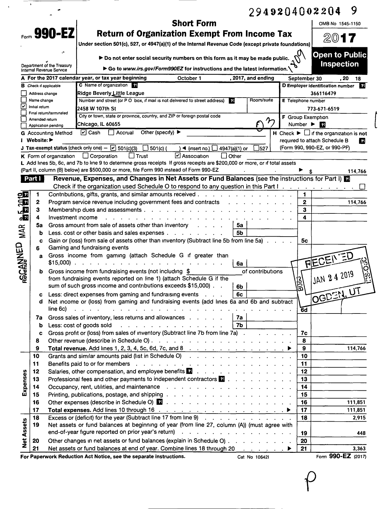 Image of first page of 2017 Form 990EZ for Little League Baseball - 1130709 Ridge Beverly LL