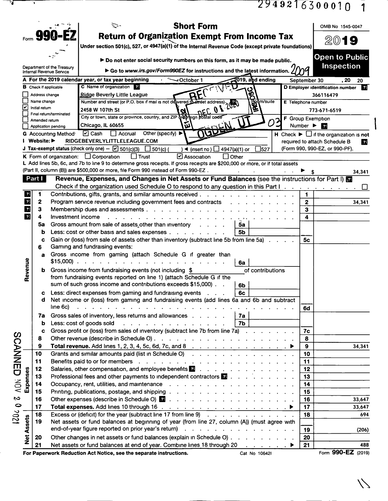 Image of first page of 2019 Form 990EZ for Little League Baseball - 1130709 Ridge Beverly LL