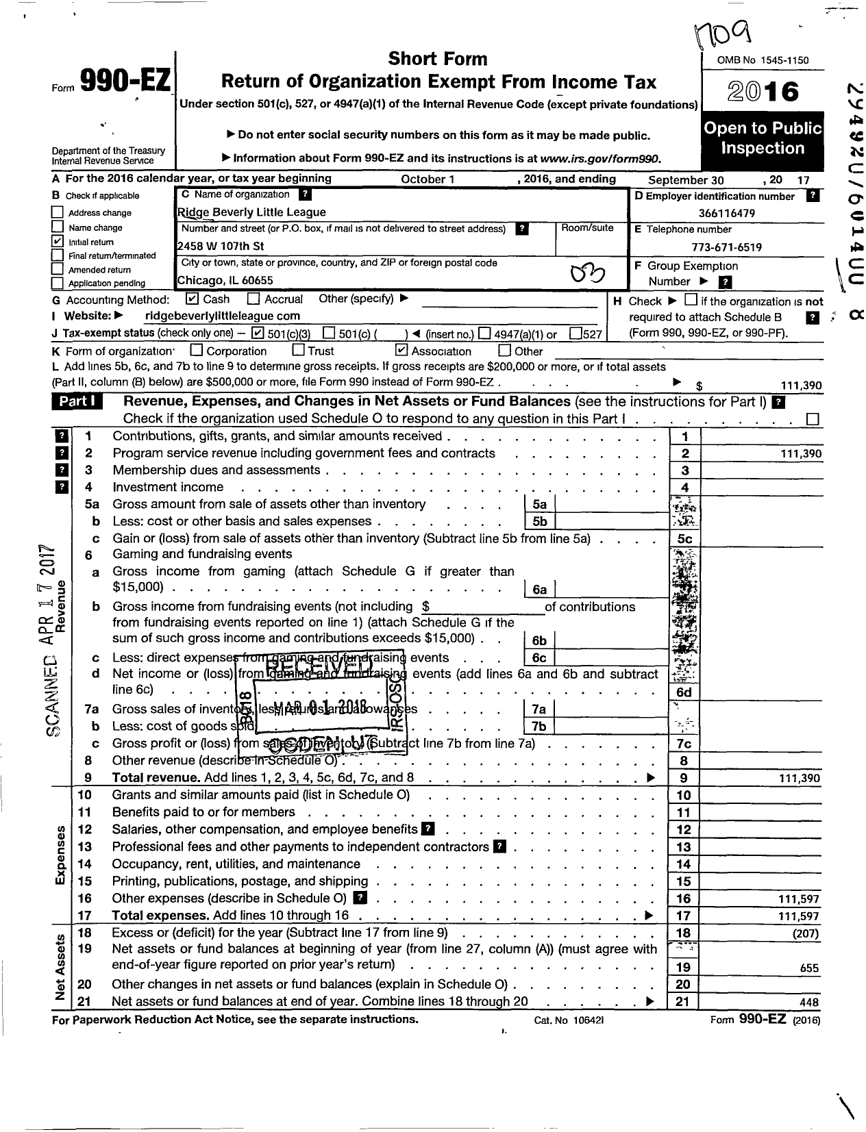 Image of first page of 2016 Form 990EZ for Little League Baseball - 1130709 Ridge Beverly LL