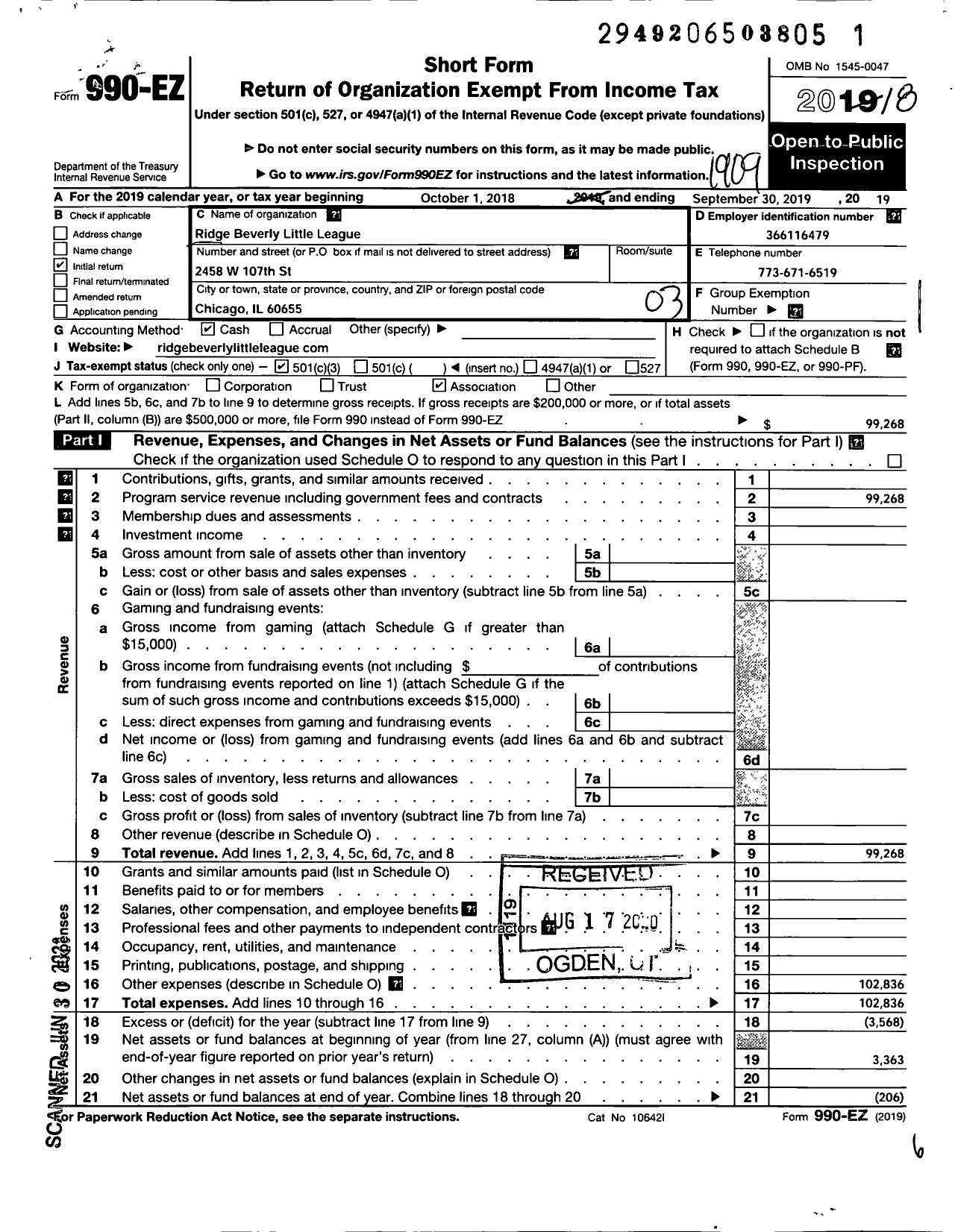 Image of first page of 2018 Form 990EZ for Little League Baseball - 1130709 Ridge Beverly LL