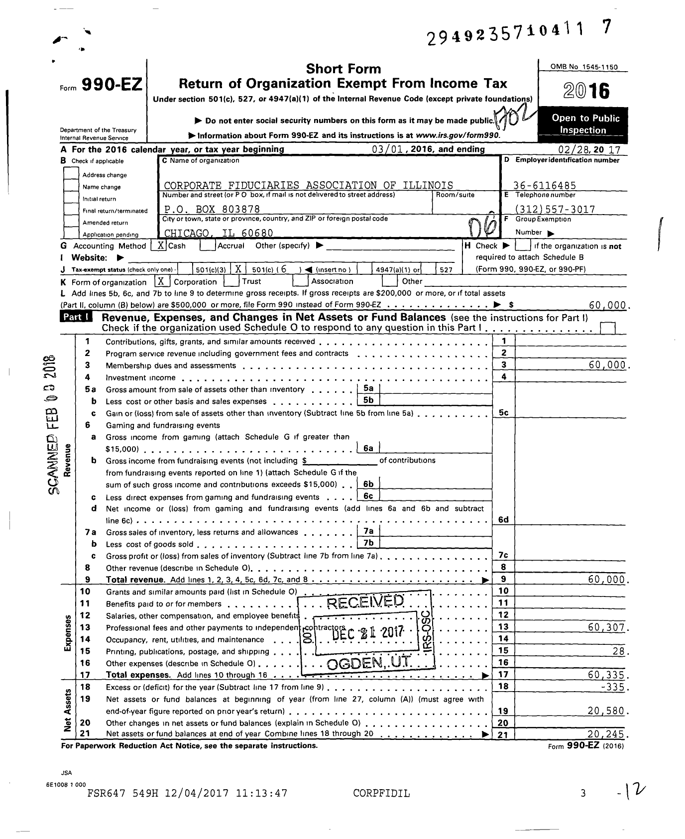 Image of first page of 2016 Form 990EO for Corporate Fiduciaries Association of Illinois