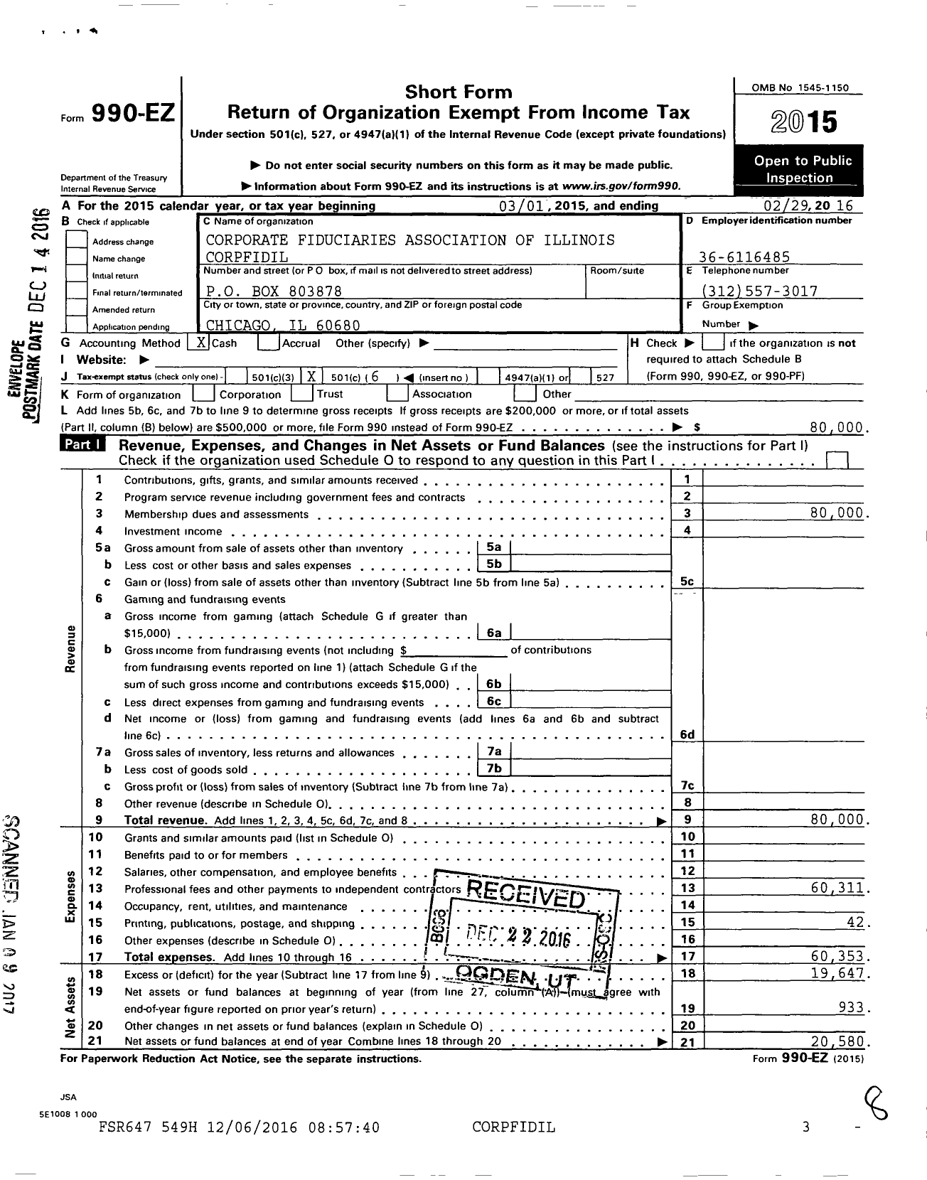 Image of first page of 2015 Form 990EO for Corporate Fiduciaries Association of Illinois