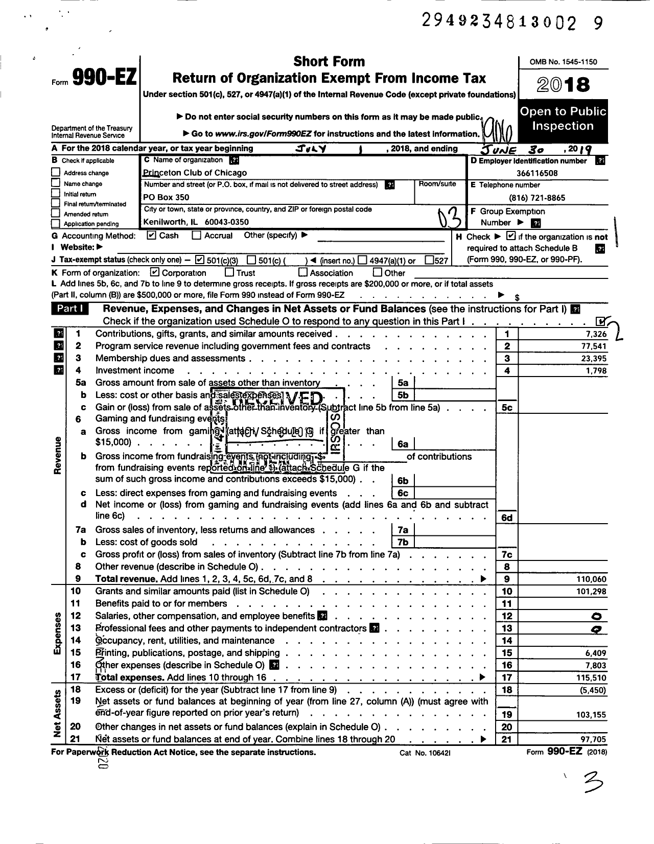 Image of first page of 2018 Form 990EZ for Princeton Club of Chicago