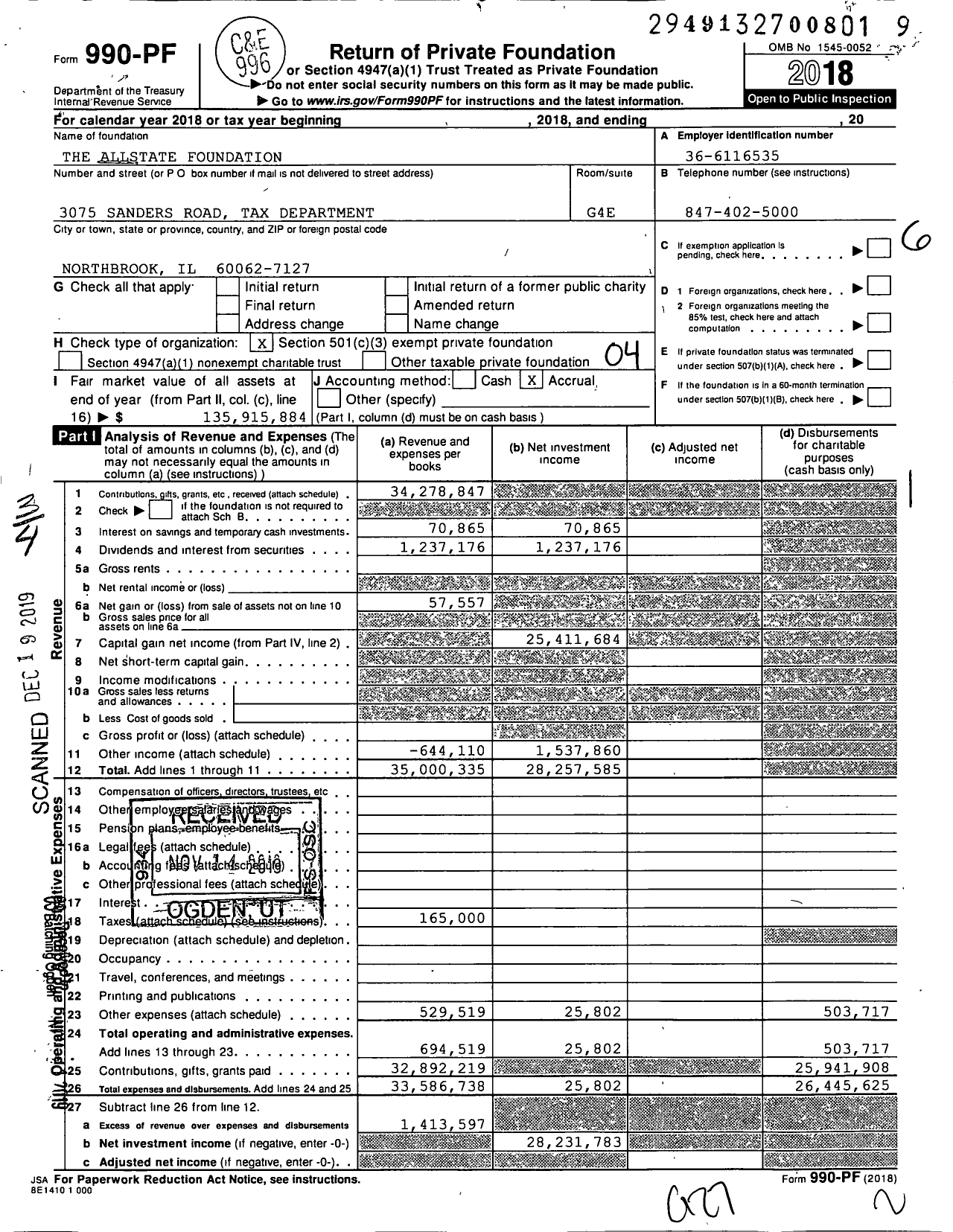 Image of first page of 2018 Form 990PF for The Allstate Foundation