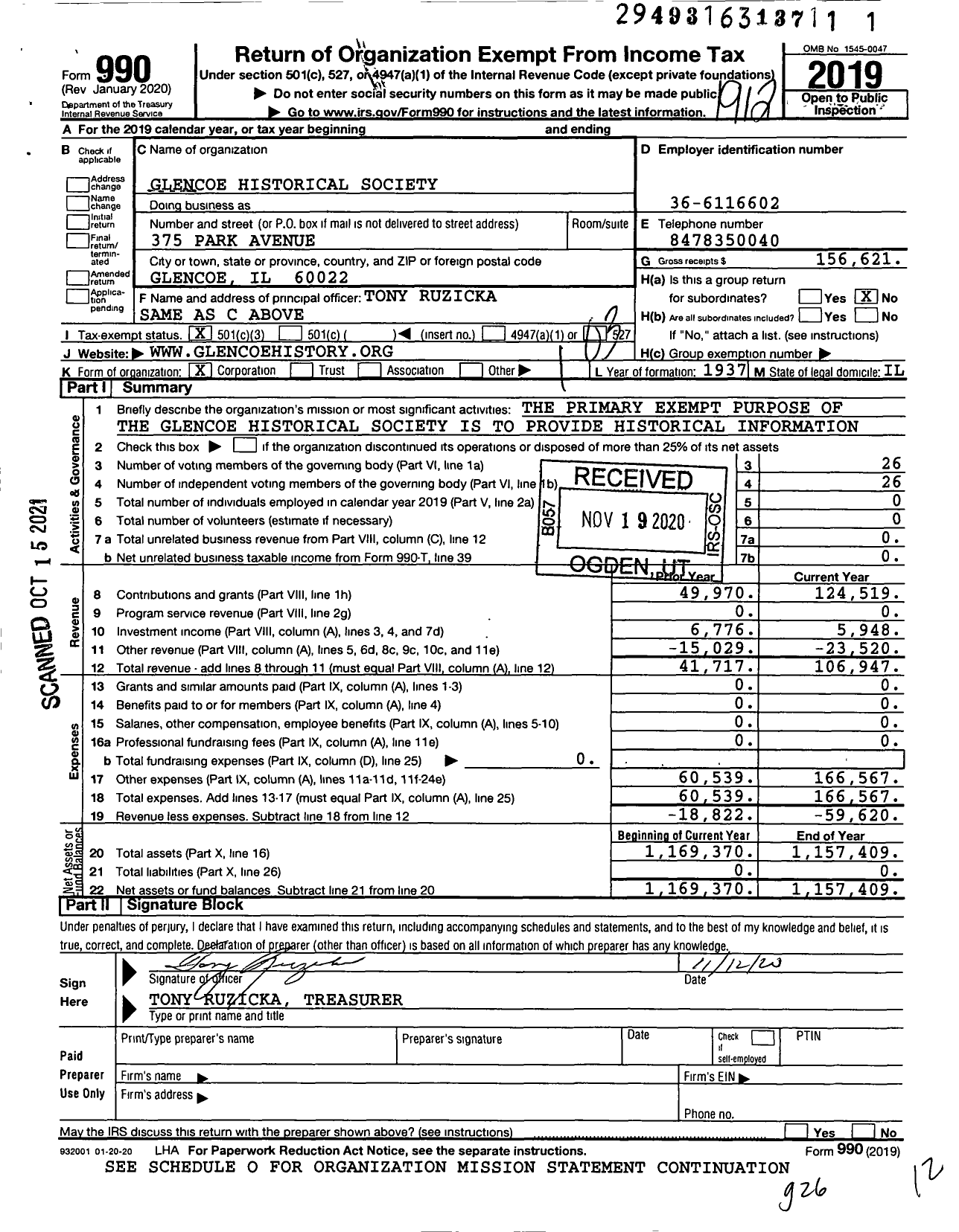 Image of first page of 2019 Form 990 for Glencoe Historical Society