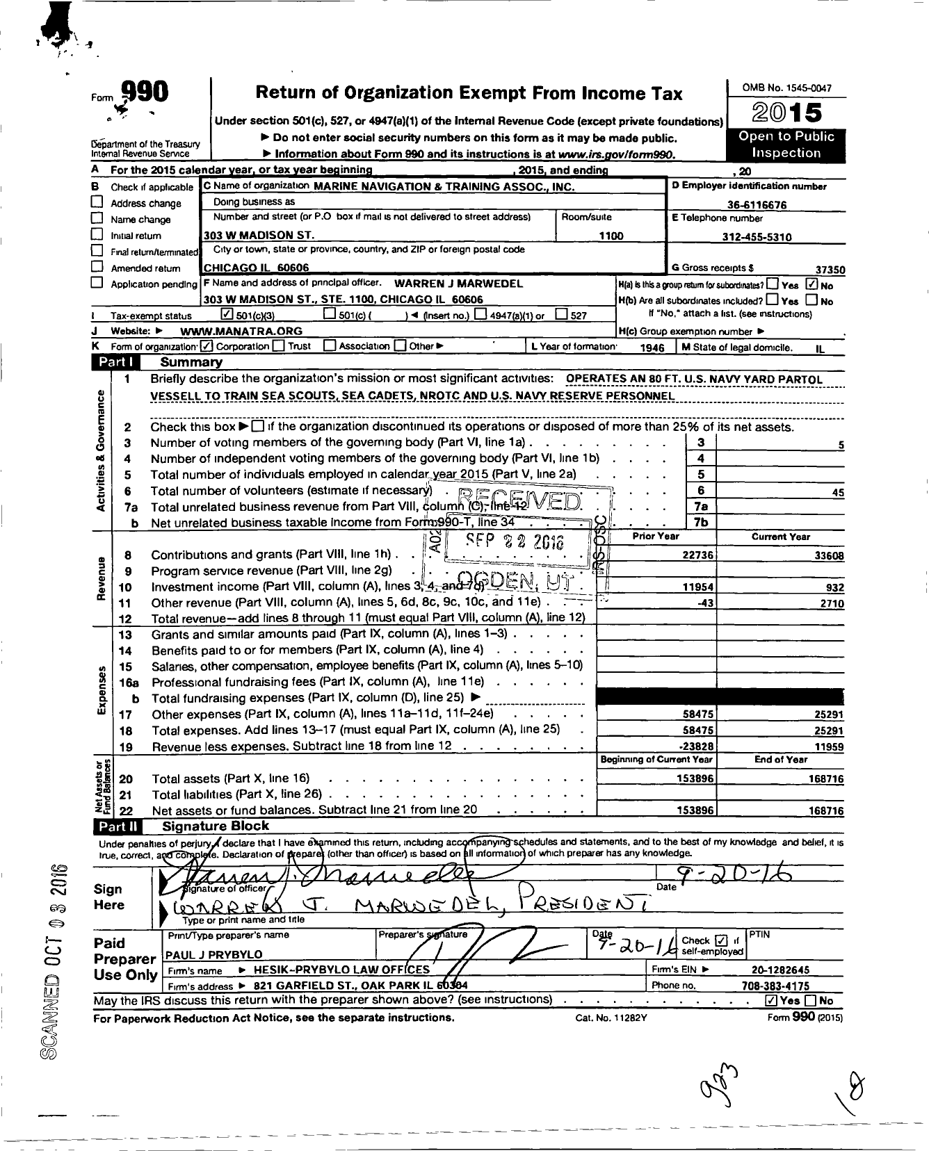 Image of first page of 2015 Form 990 for Marine Navigation and Training Association