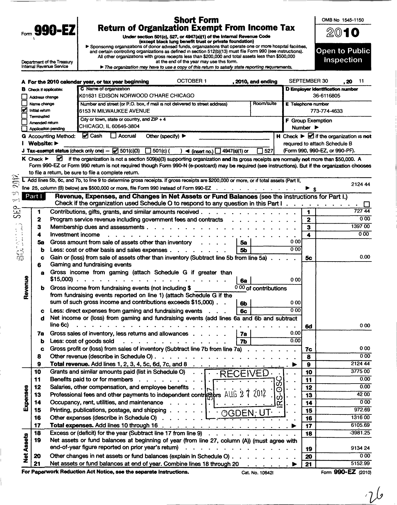 Image of first page of 2010 Form 990EZ for Kiwanis International - K01631 Edison Norwood Ohare Chicago