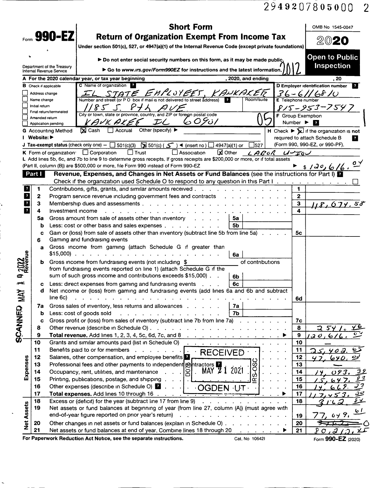 Image of first page of 2020 Form 990EO for American Federation of State County & Municipal Employees - L0029il Il St Emps Kankakee